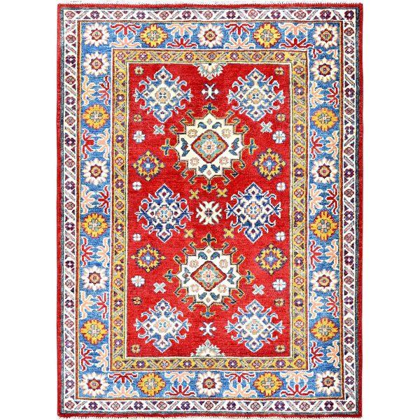 3'8"x4'10" Crimson Red, Kazak with All Over Tribal Motifs, Hand Knotted, Vegetable Dyes, Denser Weave, Pure Wool, Oriental Rug HR341