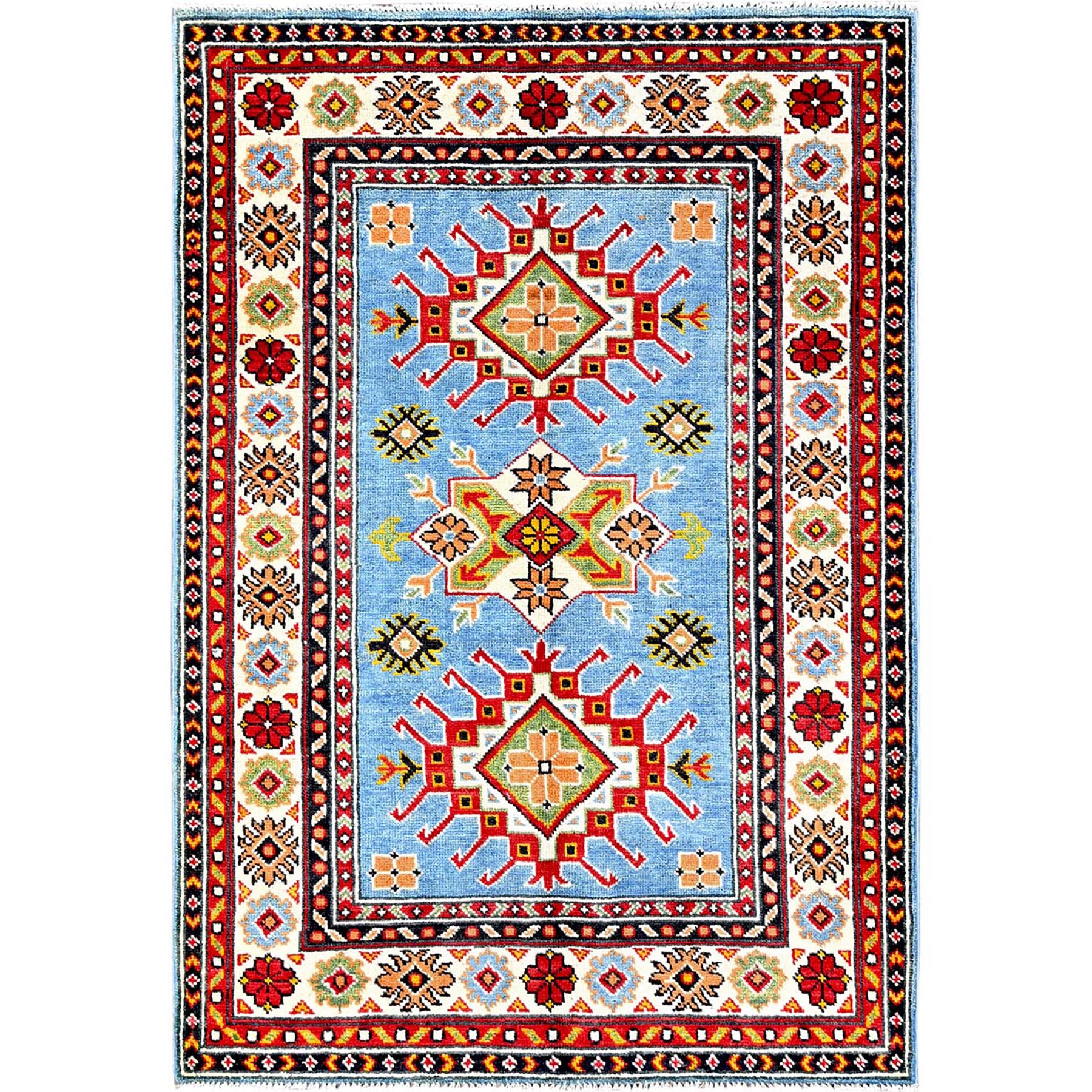 3'4"x4'10" Airy Blue, Kazak with Geometric Medallions Design, Hand Knotted, Vegetable Dyes, Denser Weave, Soft and Vibrant Wool, Oriental Rug HR344