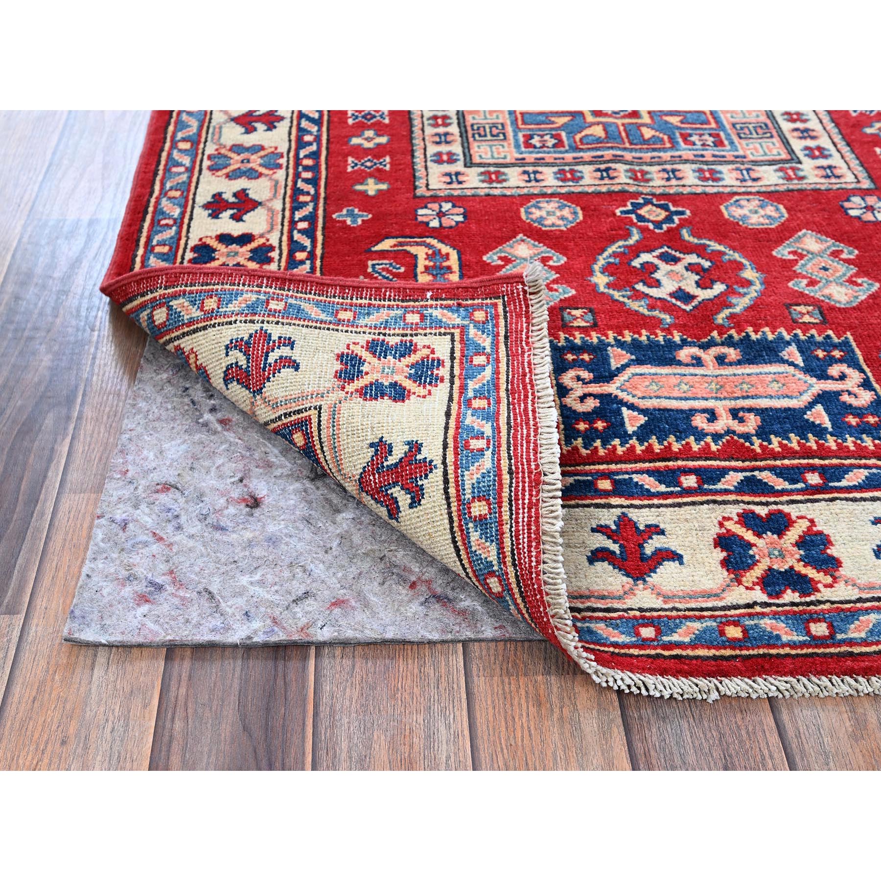 3'5"x5' Arsenal Red, Kazak with Geometric Medallions Design, Soft and Shiny Wool, Vegetable Dyes, Hand Knotted, Denser Weave, Oriental Rug HR346 - Image 3