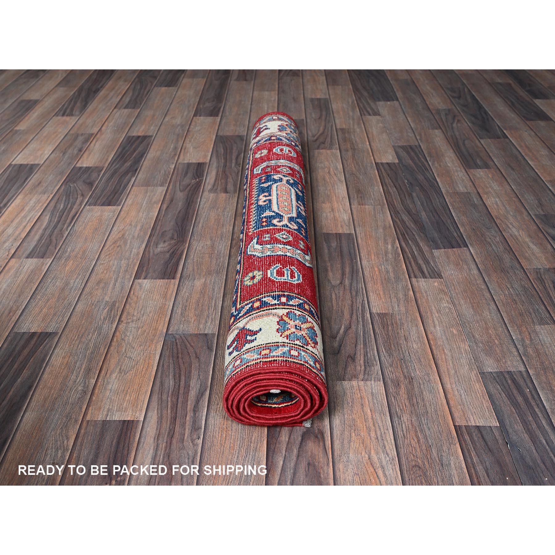 3'5"x5' Arsenal Red, Kazak with Geometric Medallions Design, Soft and Shiny Wool, Vegetable Dyes, Hand Knotted, Denser Weave, Oriental Rug HR346 - Image 5