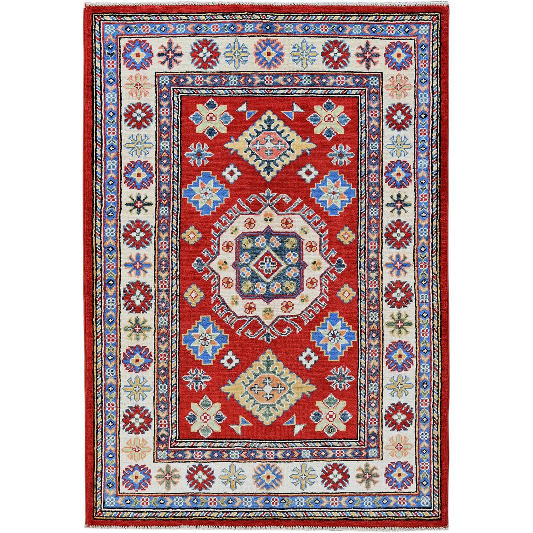 3'3"x4'10" Crimson Red, Kazak with Geometric Medallions Design, Vegetable Dyes, Hand Knotted, Denser Weave, Pure Wool, Oriental Rug HR349