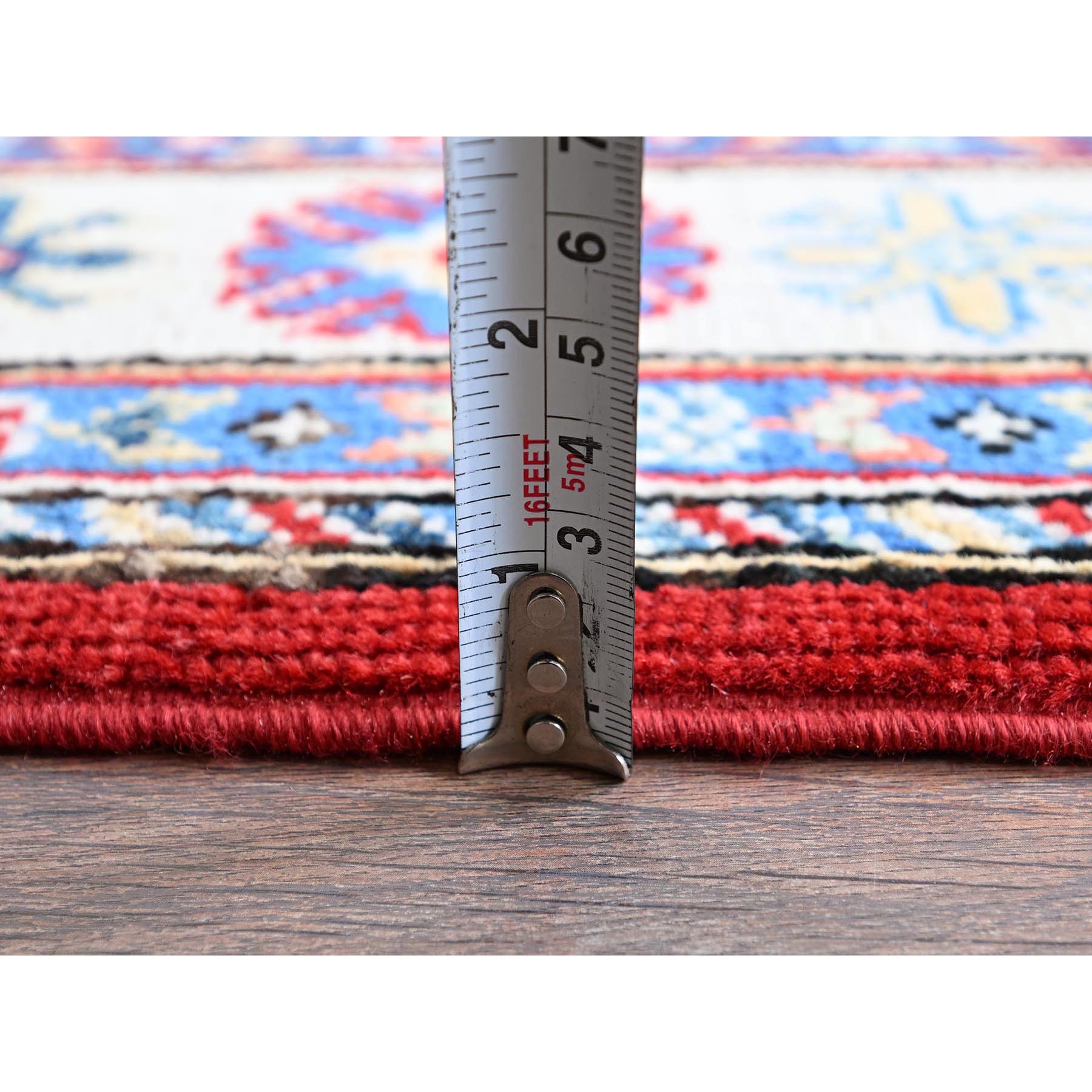 3'3"x4'10" Crimson Red, Kazak with Geometric Medallions Design, Vegetable Dyes, Hand Knotted, Denser Weave, Pure Wool, Oriental Rug HR349 - Image 6
