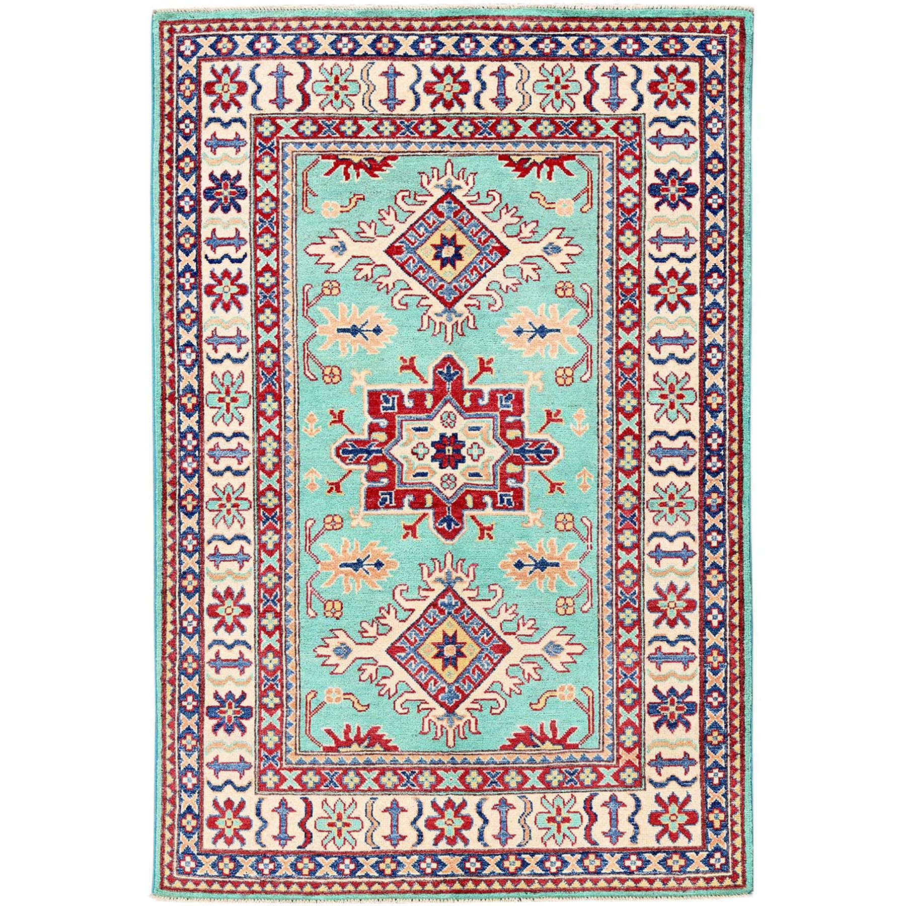 4'x5'10" Aqua Green, Kazak with Tribal Medallions Design, Vegetable Dyes, Denser Weave, Soft and Vibrant Wool, Hand Knotted, Oriental Rug HR355