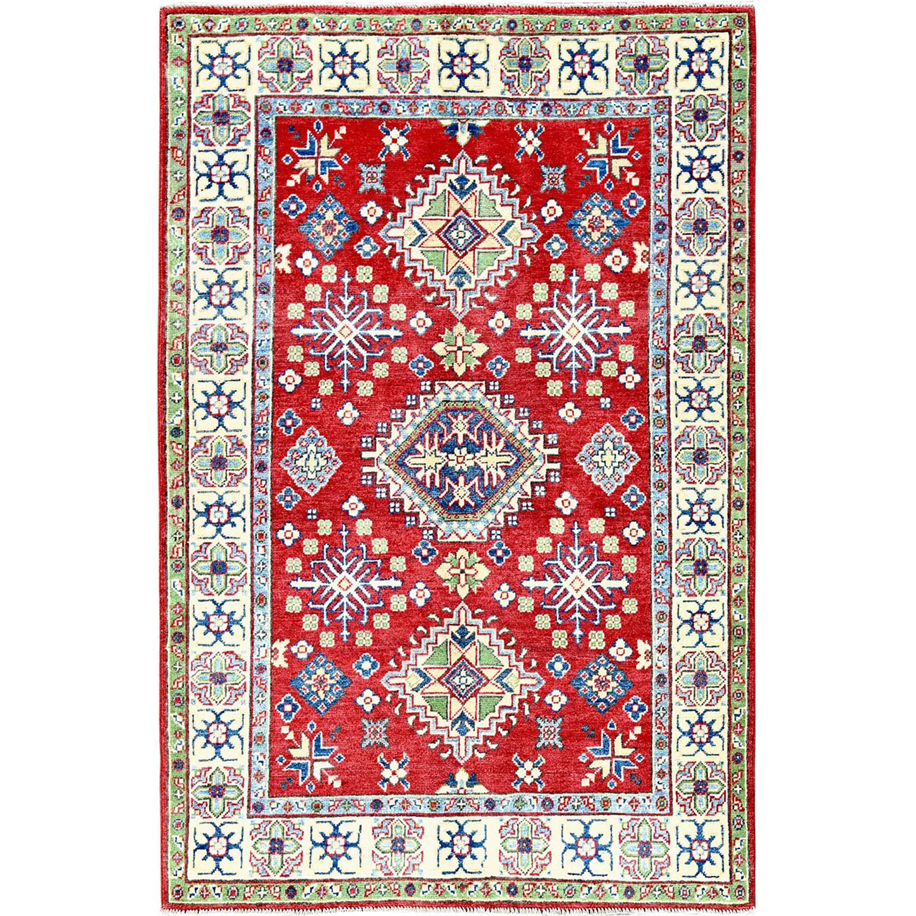 4'x6' Crimson Red, Kazak with All Over Tribal Motifs, Vegetable Dyes, Hand Knotted, Denser Weave, Pure Wool, Oriental Rug HR358