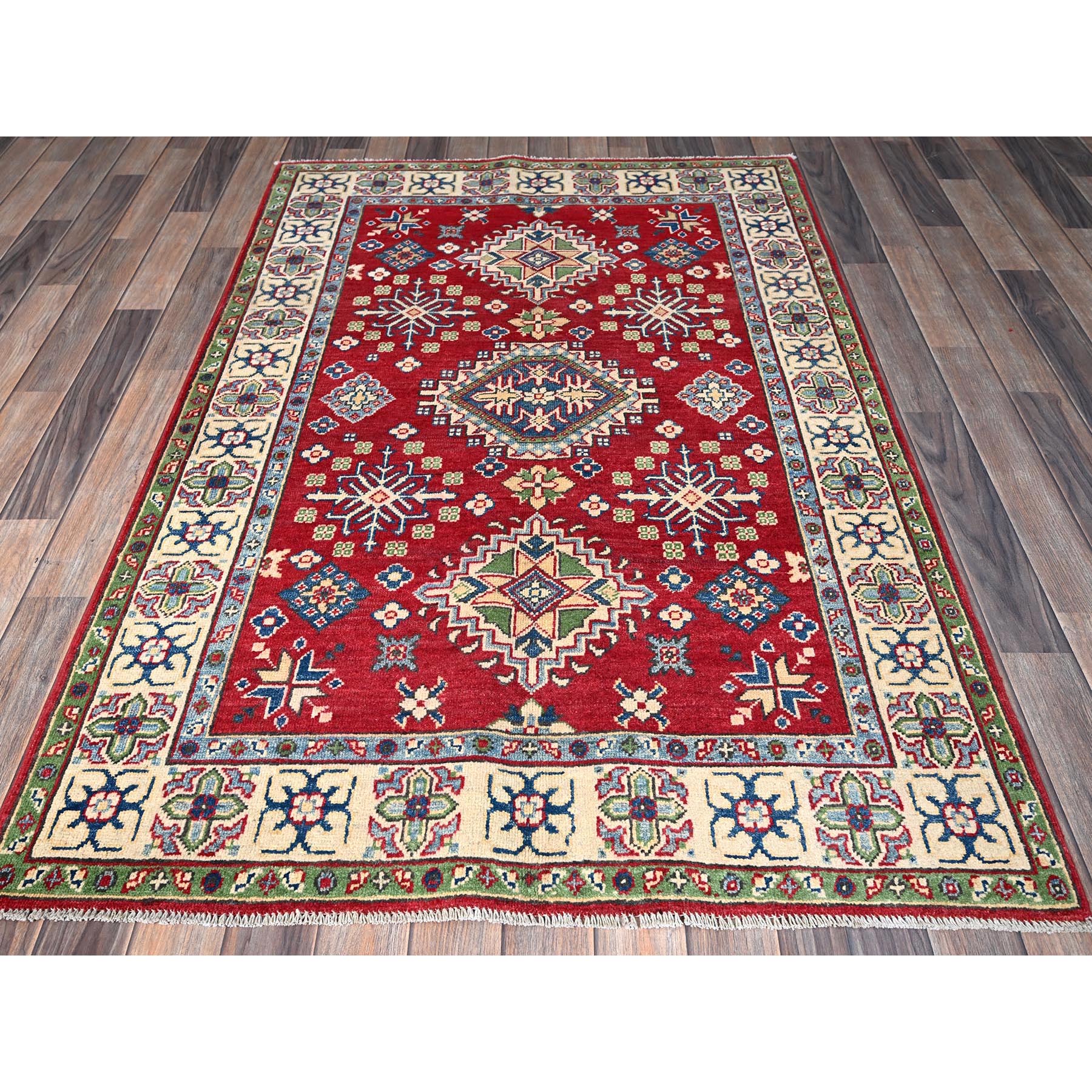 4'x6' Crimson Red, Kazak with All Over Tribal Motifs, Vegetable Dyes, Hand Knotted, Denser Weave, Pure Wool, Oriental Rug HR358 - Image 2