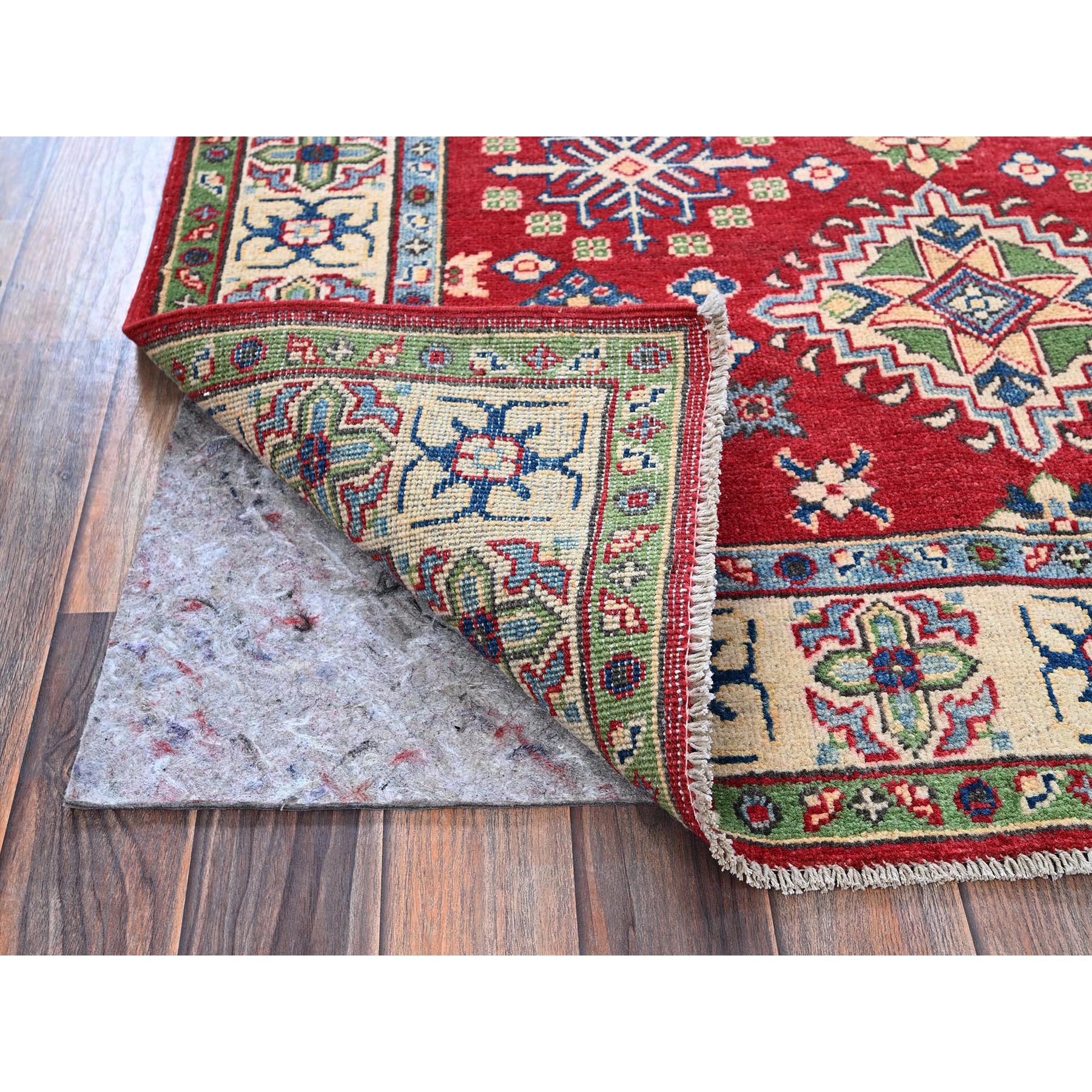 4'x6' Crimson Red, Kazak with All Over Tribal Motifs, Vegetable Dyes, Hand Knotted, Denser Weave, Pure Wool, Oriental Rug HR358 - Image 3