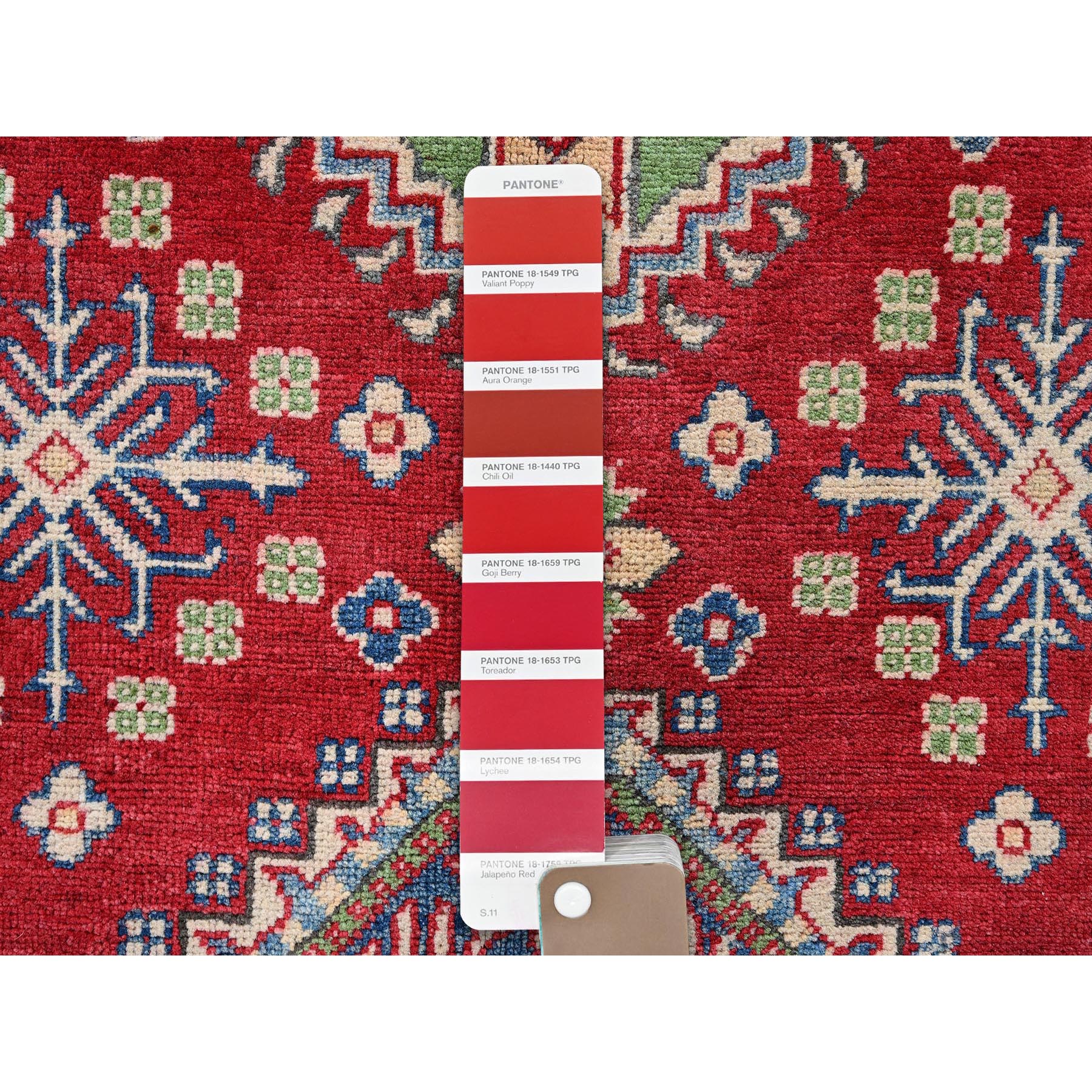 4'x6' Crimson Red, Kazak with All Over Tribal Motifs, Vegetable Dyes, Hand Knotted, Denser Weave, Pure Wool, Oriental Rug HR358 - Image 4