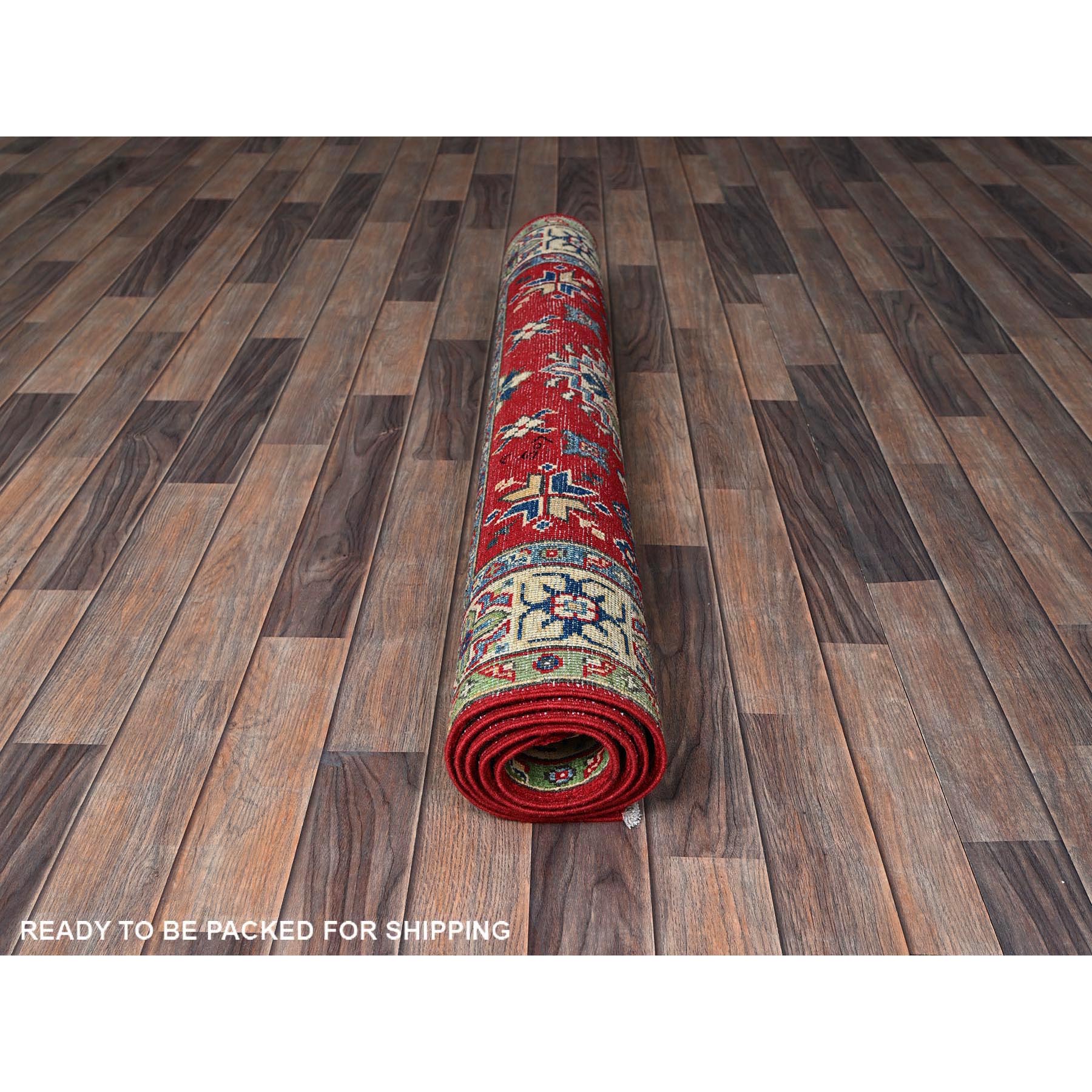 4'x6' Crimson Red, Kazak with All Over Tribal Motifs, Vegetable Dyes, Hand Knotted, Denser Weave, Pure Wool, Oriental Rug HR358 - Image 5