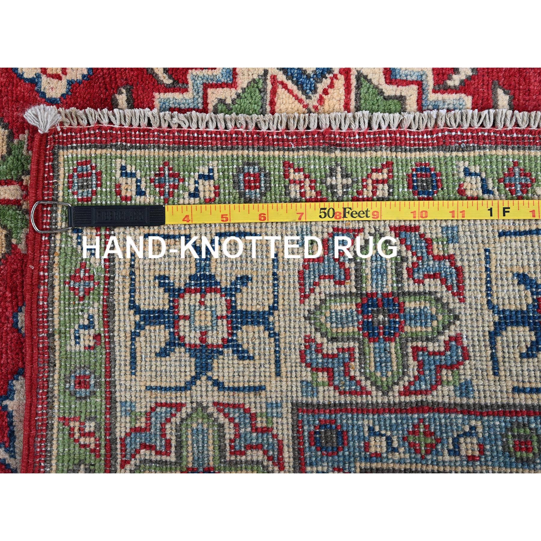 4'x6' Crimson Red, Kazak with All Over Tribal Motifs, Vegetable Dyes, Hand Knotted, Denser Weave, Pure Wool, Oriental Rug HR358 - Image 7