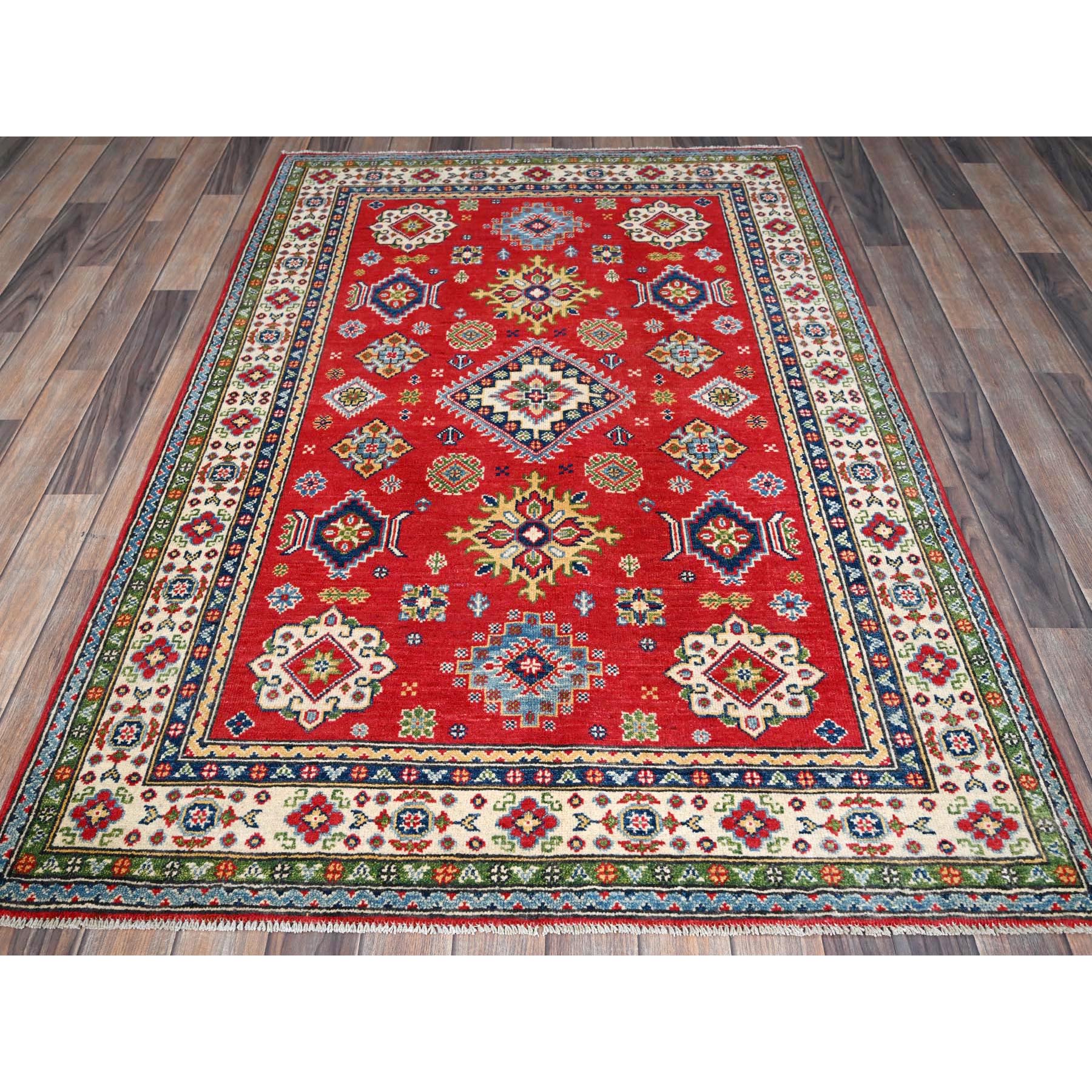 4'x6' Imperial Red, Kazak with Geometric Design, Vegetable Dyes, Hand Knotted, Denser Weave, Soft and Vibrant Wool, Oriental Rug HR359 - Image 2