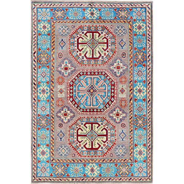 4'x5'9" Dove Gray, Hand Knotted, Kazak with Geometric Medallions Design, Vegetable Dyes, Denser Weave, Soft and Shiny Wool, Oriental Rug HR360