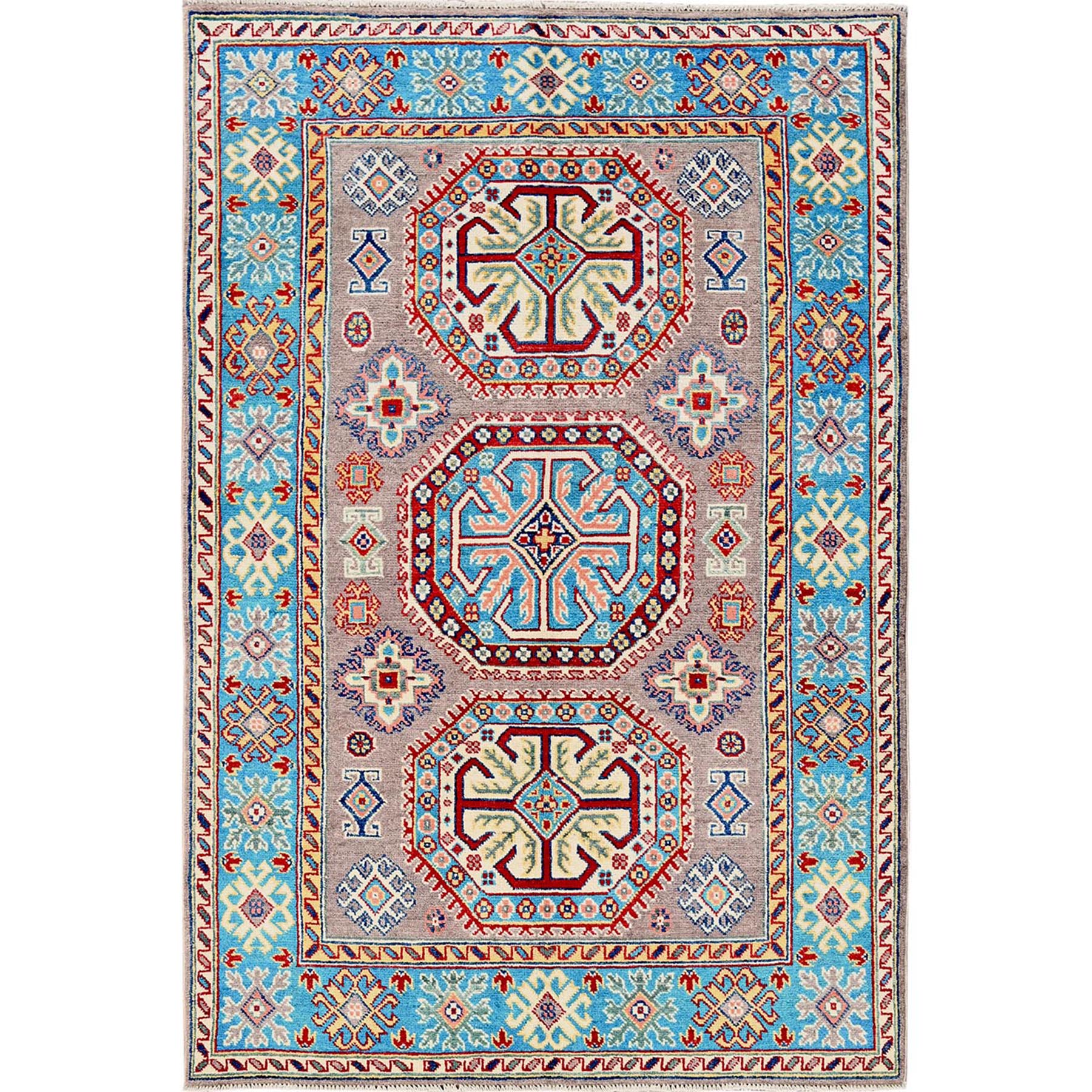 4'x5'9" Dove Gray, Hand Knotted, Kazak with Geometric Medallions Design, Vegetable Dyes, Denser Weave, Soft and Shiny Wool, Oriental Rug HR360