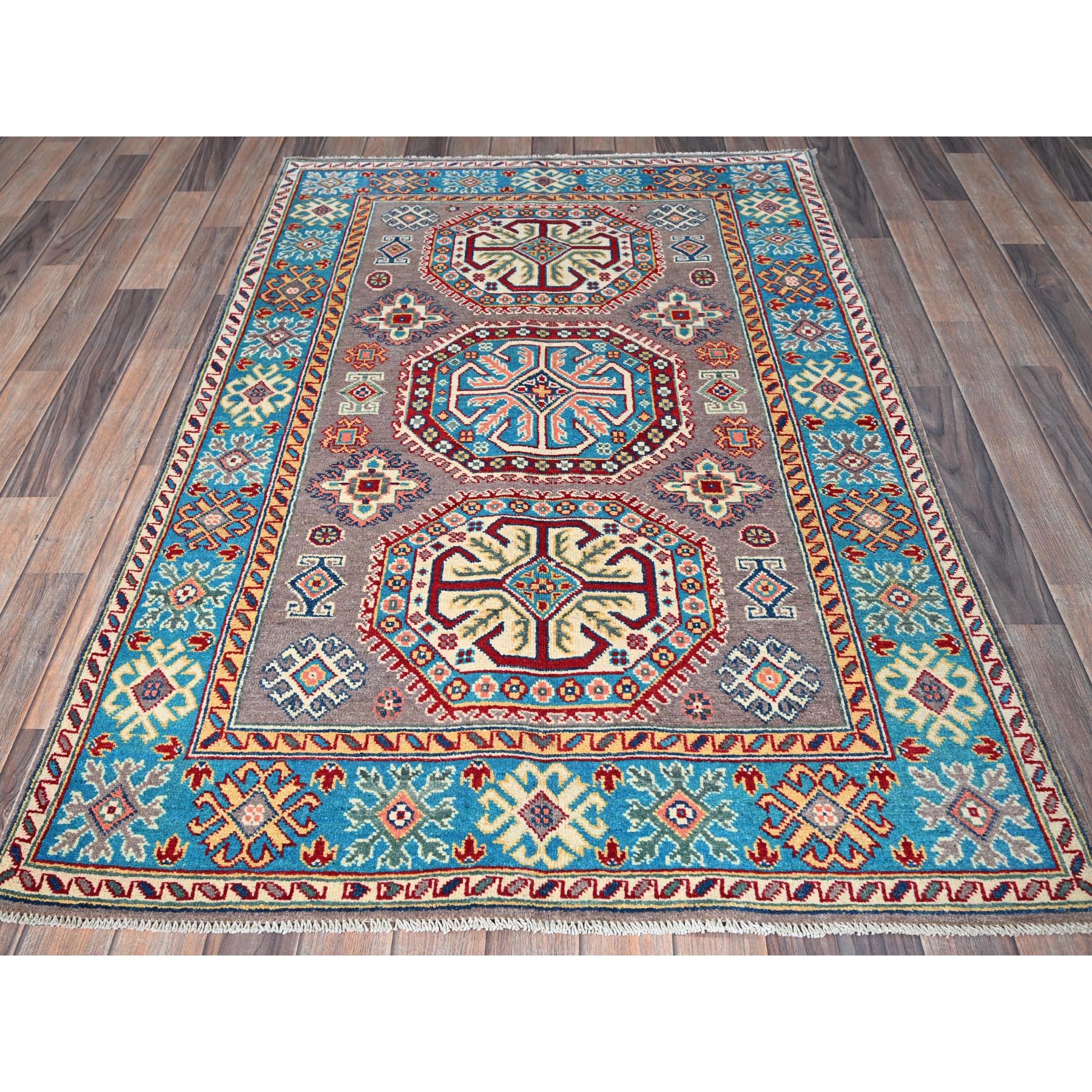 4'x5'9" Dove Gray, Hand Knotted, Kazak with Geometric Medallions Design, Vegetable Dyes, Denser Weave, Soft and Shiny Wool, Oriental Rug HR360 - Image 2