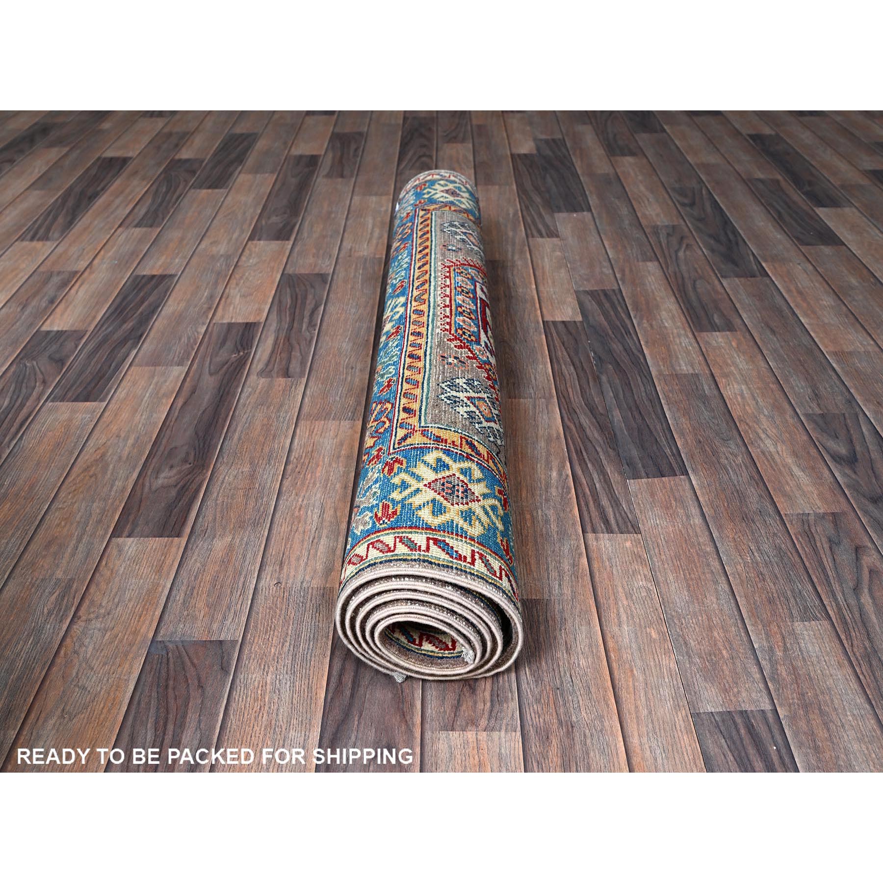 4'x5'9" Dove Gray, Hand Knotted, Kazak with Geometric Medallions Design, Vegetable Dyes, Denser Weave, Soft and Shiny Wool, Oriental Rug HR360 - Image 5
