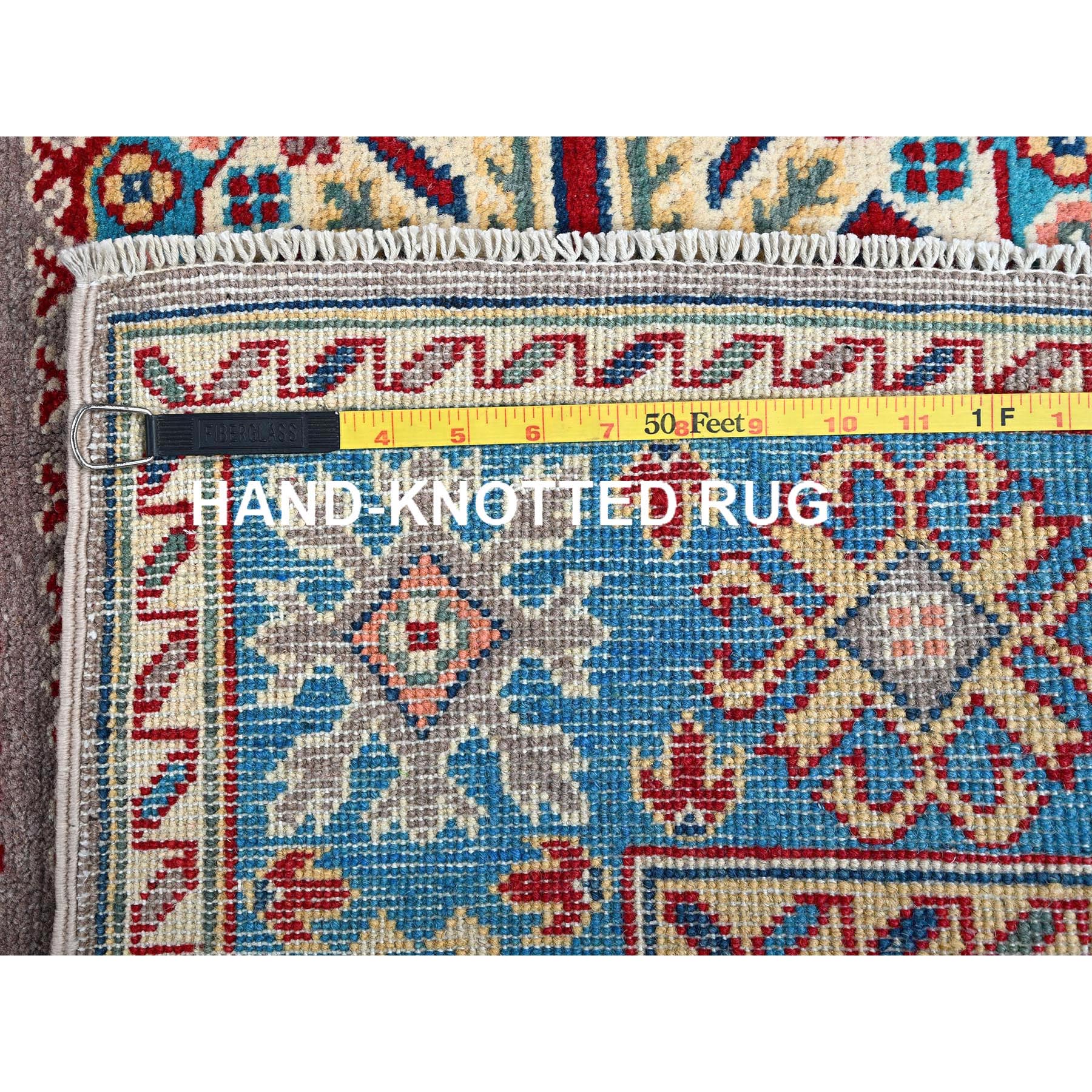 4'x5'9" Dove Gray, Hand Knotted, Kazak with Geometric Medallions Design, Vegetable Dyes, Denser Weave, Soft and Shiny Wool, Oriental Rug HR360 - Image 7