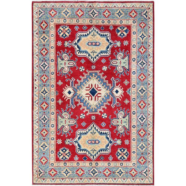 4'1"x6'1" Berry Red, Kazak with Geometric Medallions Design, Vegetable Dyes, Hand Knotted, Denser Weave, Soft and Vibrant Wool, Oriental Rug HR361