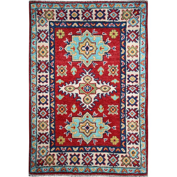 2'1"x3' Crimson Red, Kazak with Geometric Medallions Design, Vegetable Dyes, Soft and Shiny Wool, Hand Knotted, Denser Weave, Mat, Sample, Oriental Rug HR389