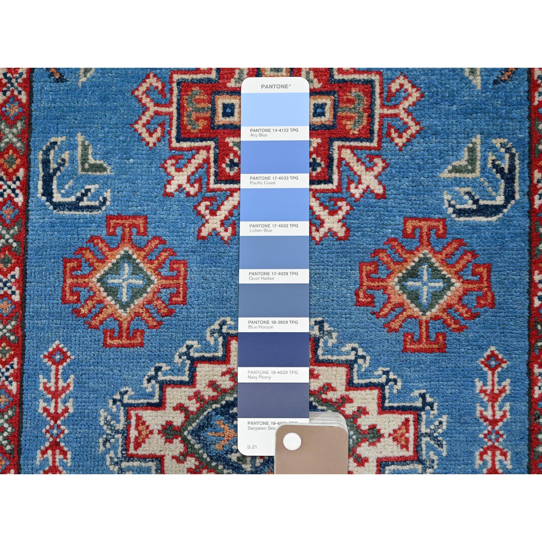 2'9"x4'1" Cerulean Blue, Kazak with Tribal Medallions Design, Vegetable Dyes, Hand Knotted, Soft and Shiny Wool, Denser Weave, Sample, Mat, Oriental Rug HR399 - Image 4