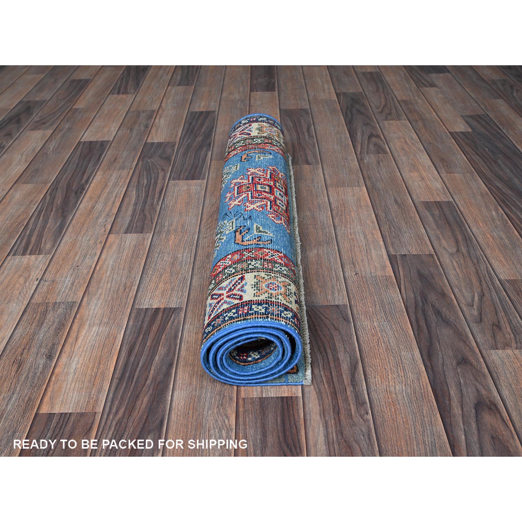 2'9"x4'1" Cerulean Blue, Kazak with Tribal Medallions Design, Vegetable Dyes, Hand Knotted, Soft and Shiny Wool, Denser Weave, Sample, Mat, Oriental Rug HR399 - Image 5