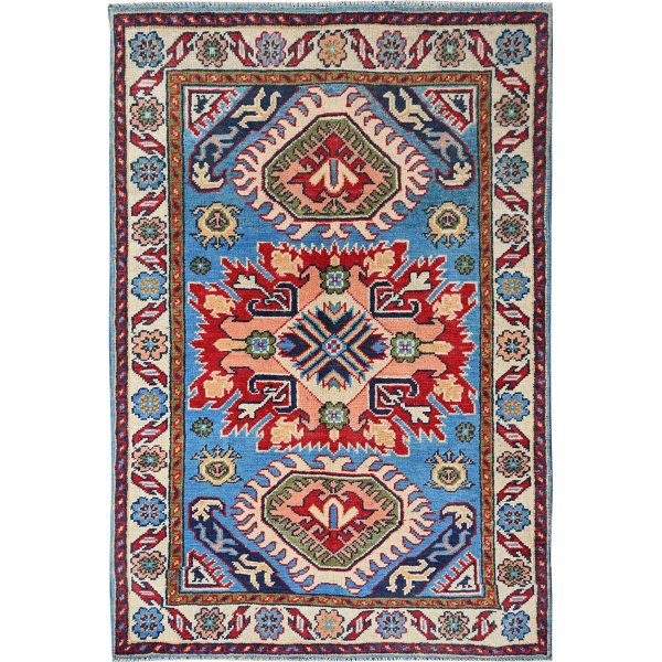 2'8"x4' Bayern Blue, Kazak with Geometric Medallions Design, Hand Knotted, Soft and Shiny Wool, Vegetable Dyes, Denser Weave, Sample, Mat, Oriental Rug HR400