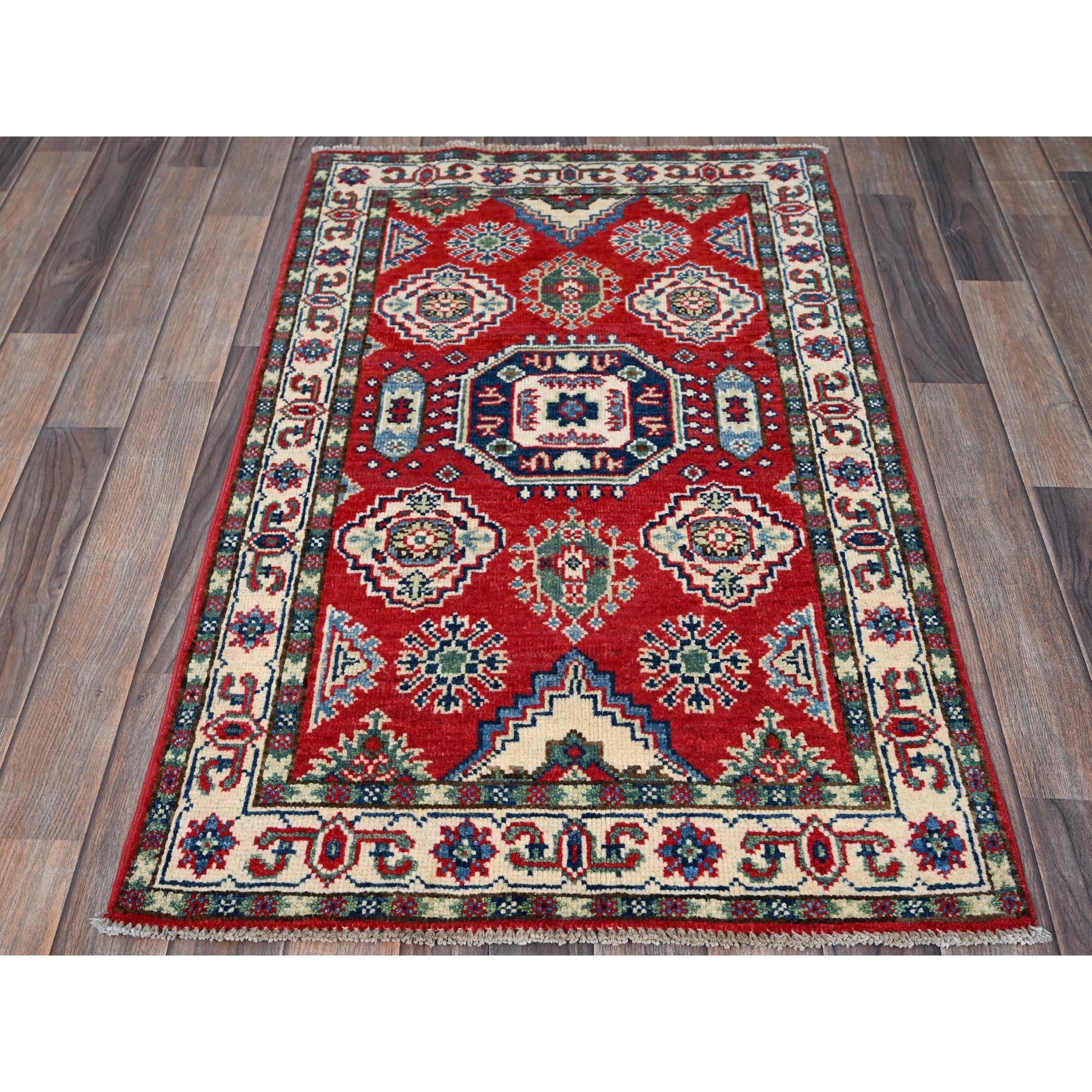 2'6"x4' Berry Red, Kazak with All Over Tribal Motifs, Hand Knotted, Soft and Shiny Wool, Vegetable Dyes, Denser Weave, Sample, Mat, Oriental Rug HR406 - Image 2