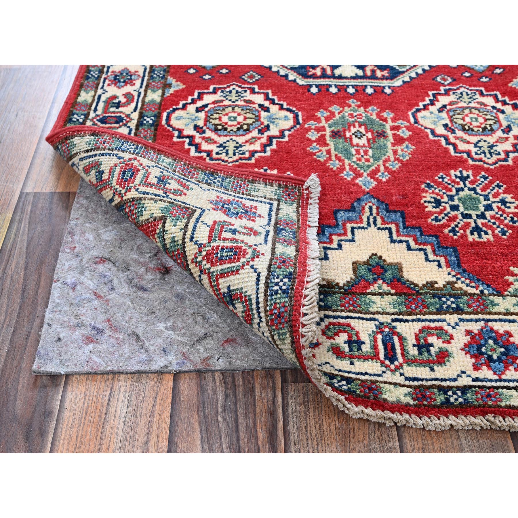2'6"x4' Berry Red, Kazak with All Over Tribal Motifs, Hand Knotted, Soft and Shiny Wool, Vegetable Dyes, Denser Weave, Sample, Mat, Oriental Rug HR406 - Image 3