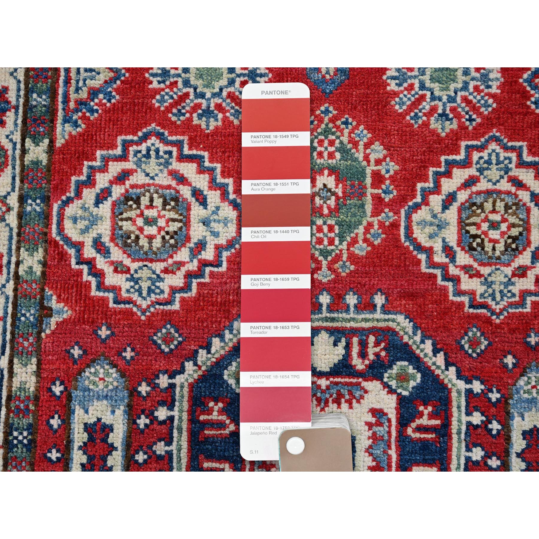 2'6"x4' Berry Red, Kazak with All Over Tribal Motifs, Hand Knotted, Soft and Shiny Wool, Vegetable Dyes, Denser Weave, Sample, Mat, Oriental Rug HR406 - Image 4