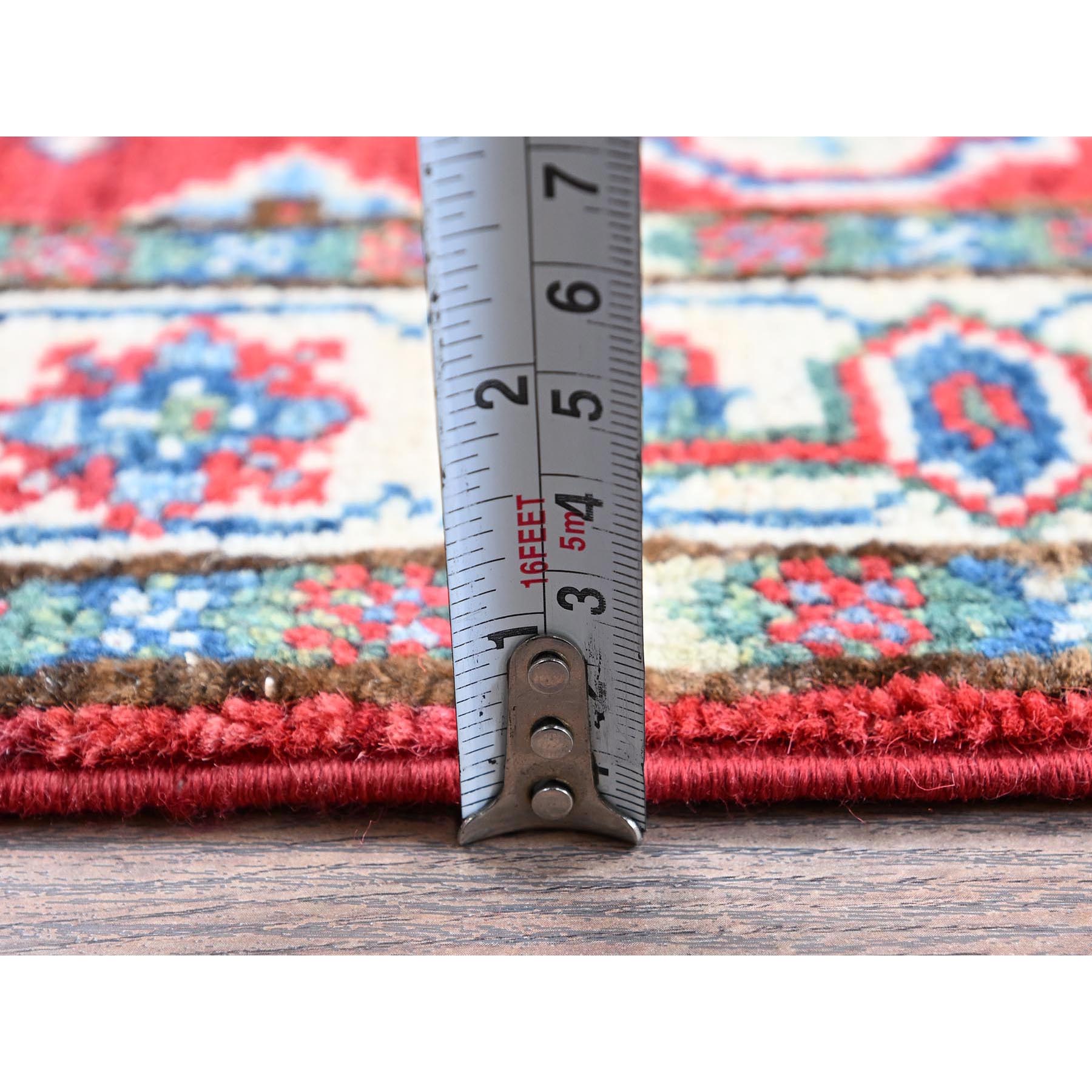 2'6"x4' Berry Red, Kazak with All Over Tribal Motifs, Hand Knotted, Soft and Shiny Wool, Vegetable Dyes, Denser Weave, Sample, Mat, Oriental Rug HR406 - Image 6