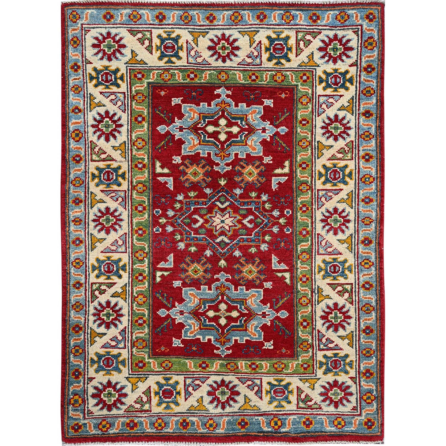 3'x4' Crimson Red, Kazak with Geometric Medallions Design, Hand Knotted, Soft and Velvety Wool, Natural Dyes, Denser Weave, Oriental Rug HR410