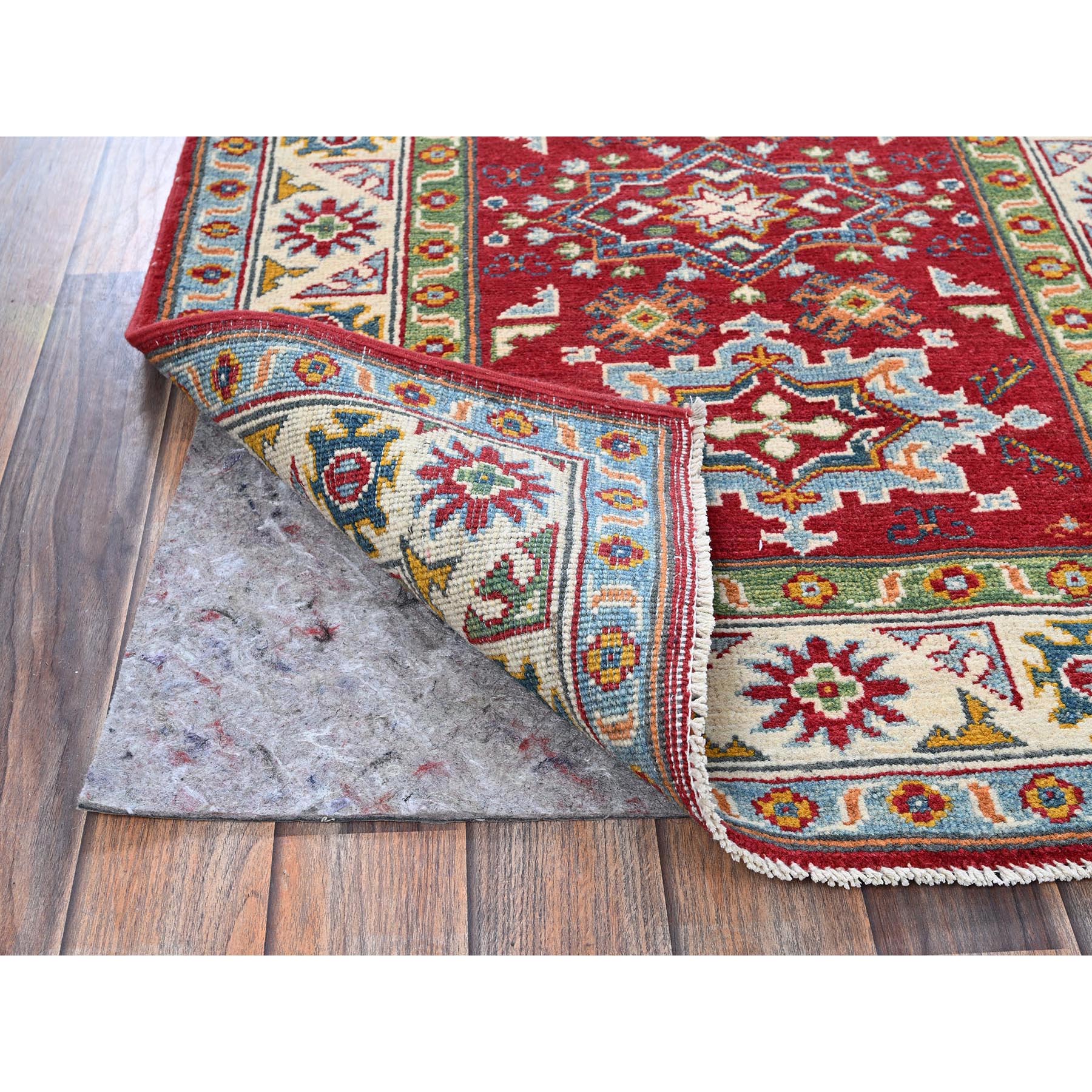 3'x4' Crimson Red, Kazak with Geometric Medallions Design, Hand Knotted, Soft and Velvety Wool, Natural Dyes, Denser Weave, Oriental Rug HR410 - Image 3