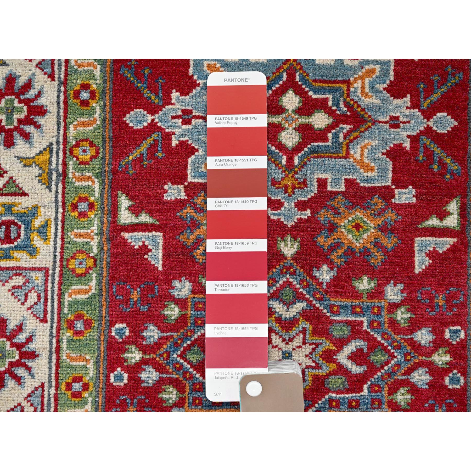 3'x4' Crimson Red, Kazak with Geometric Medallions Design, Hand Knotted, Soft and Velvety Wool, Natural Dyes, Denser Weave, Oriental Rug HR410 - Image 4