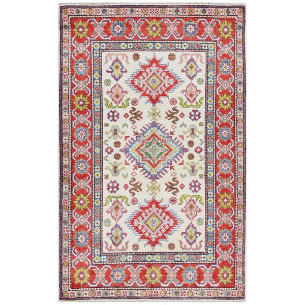 3'2"x5'3" Pearl White, Hand Knotted, Kazak with Geometric Medallions Design, Soft and Velvety Wool, Vegetable Dyes, Denser Weave, Oriental Rug HR415