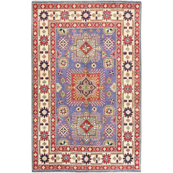 4'x6'1" Iris Purple, Kazak with Geometric Medallions Design, Hand Knotted, Soft and Shiny Wool, Vegetable Dyes, Denser Weave, Oriental Rug HR417