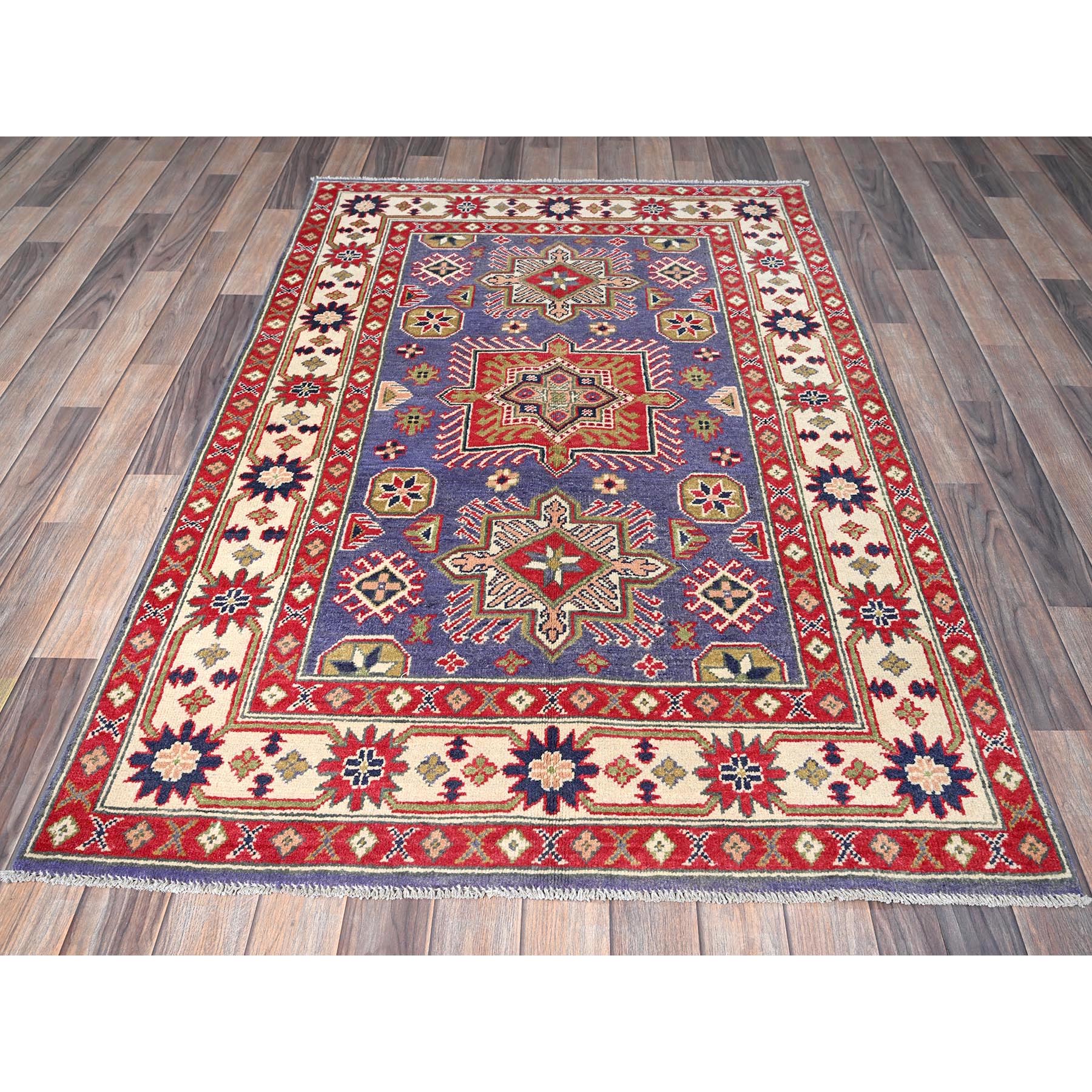 4'x6'1" Iris Purple, Kazak with Geometric Medallions Design, Hand Knotted, Soft and Shiny Wool, Vegetable Dyes, Denser Weave, Oriental Rug HR417 - Image 2