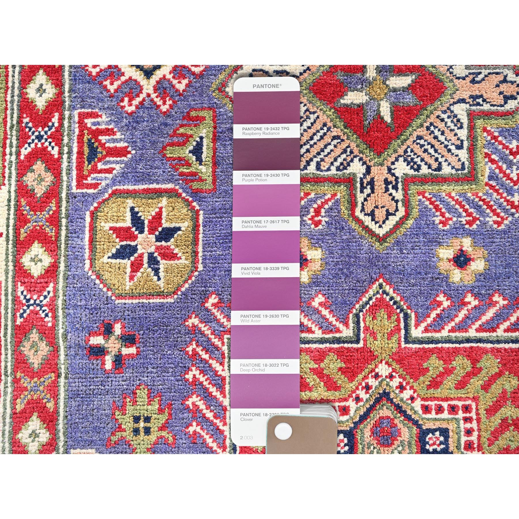 4'x6'1" Iris Purple, Kazak with Geometric Medallions Design, Hand Knotted, Soft and Shiny Wool, Vegetable Dyes, Denser Weave, Oriental Rug HR417 - Image 4