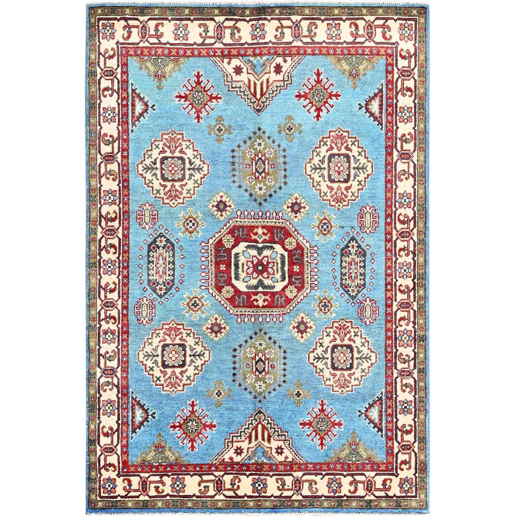 4'x6' Baby Blue, Kazak with Geometric Medallions Design, Hand Knotted, Soft and Shiny Wool, Natural Dyes, Denser Weave, Oriental Rug HR418