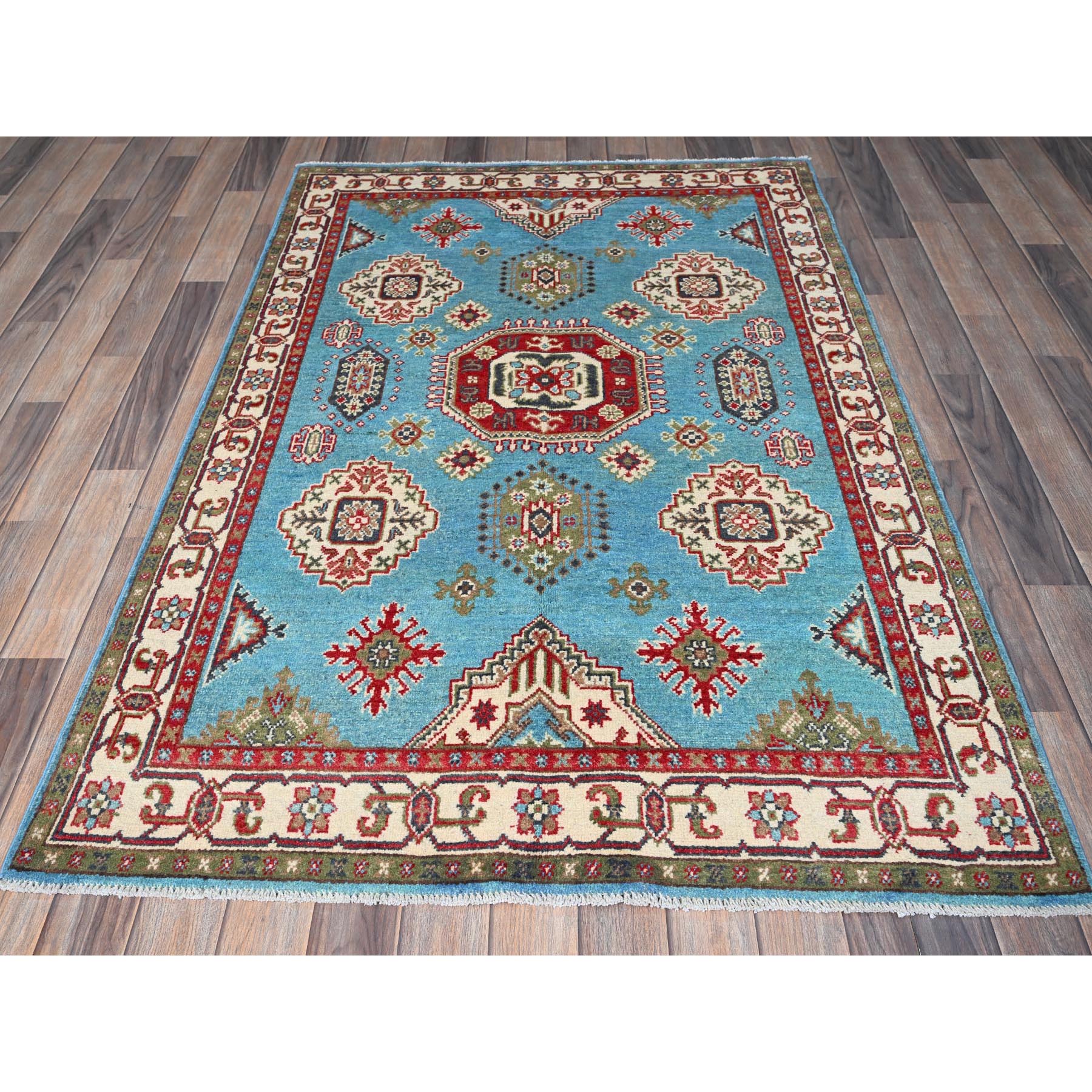 4'x6' Baby Blue, Kazak with Geometric Medallions Design, Hand Knotted, Soft and Shiny Wool, Natural Dyes, Denser Weave, Oriental Rug HR418 - Image 2