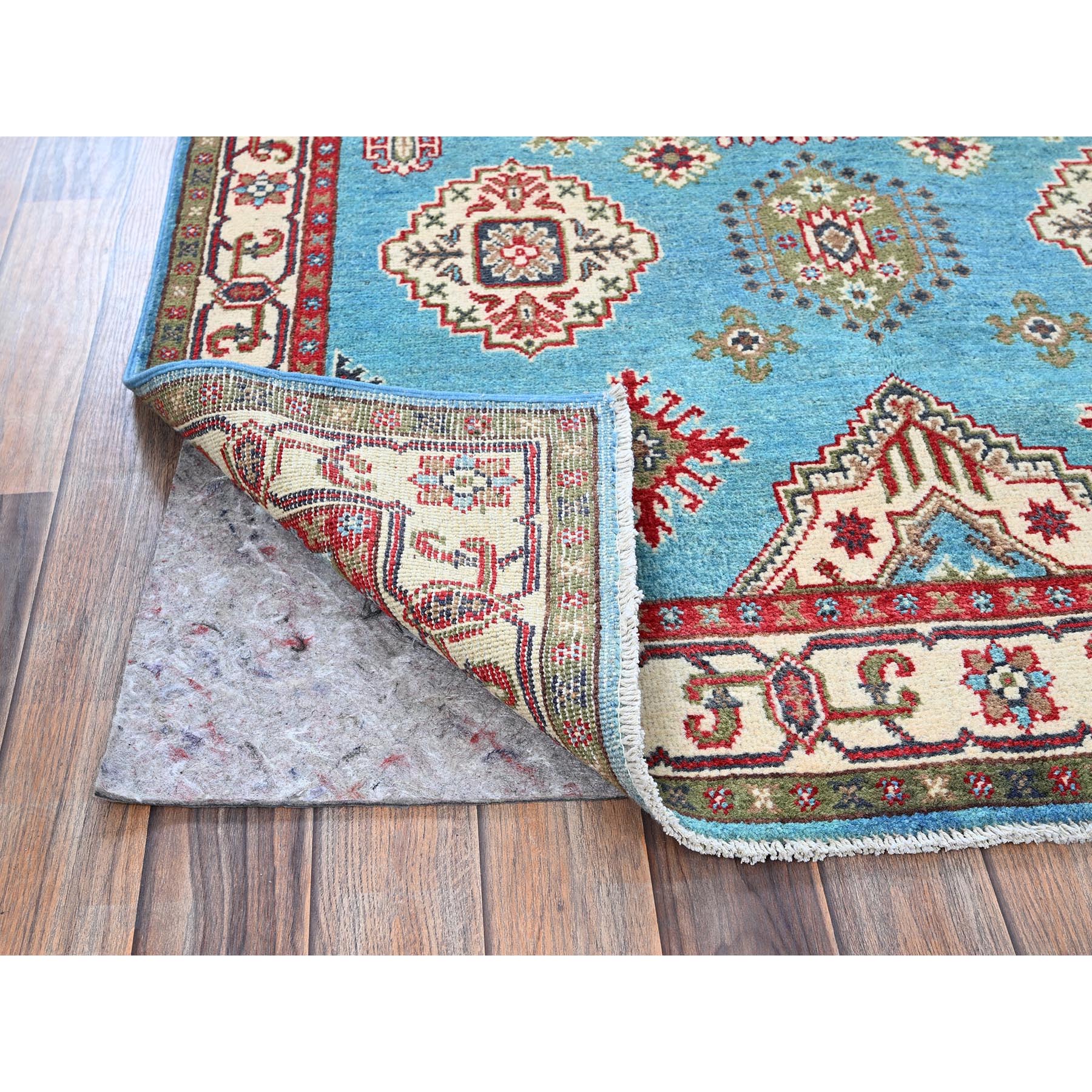 4'x6' Baby Blue, Kazak with Geometric Medallions Design, Hand Knotted, Soft and Shiny Wool, Natural Dyes, Denser Weave, Oriental Rug HR418 - Image 3