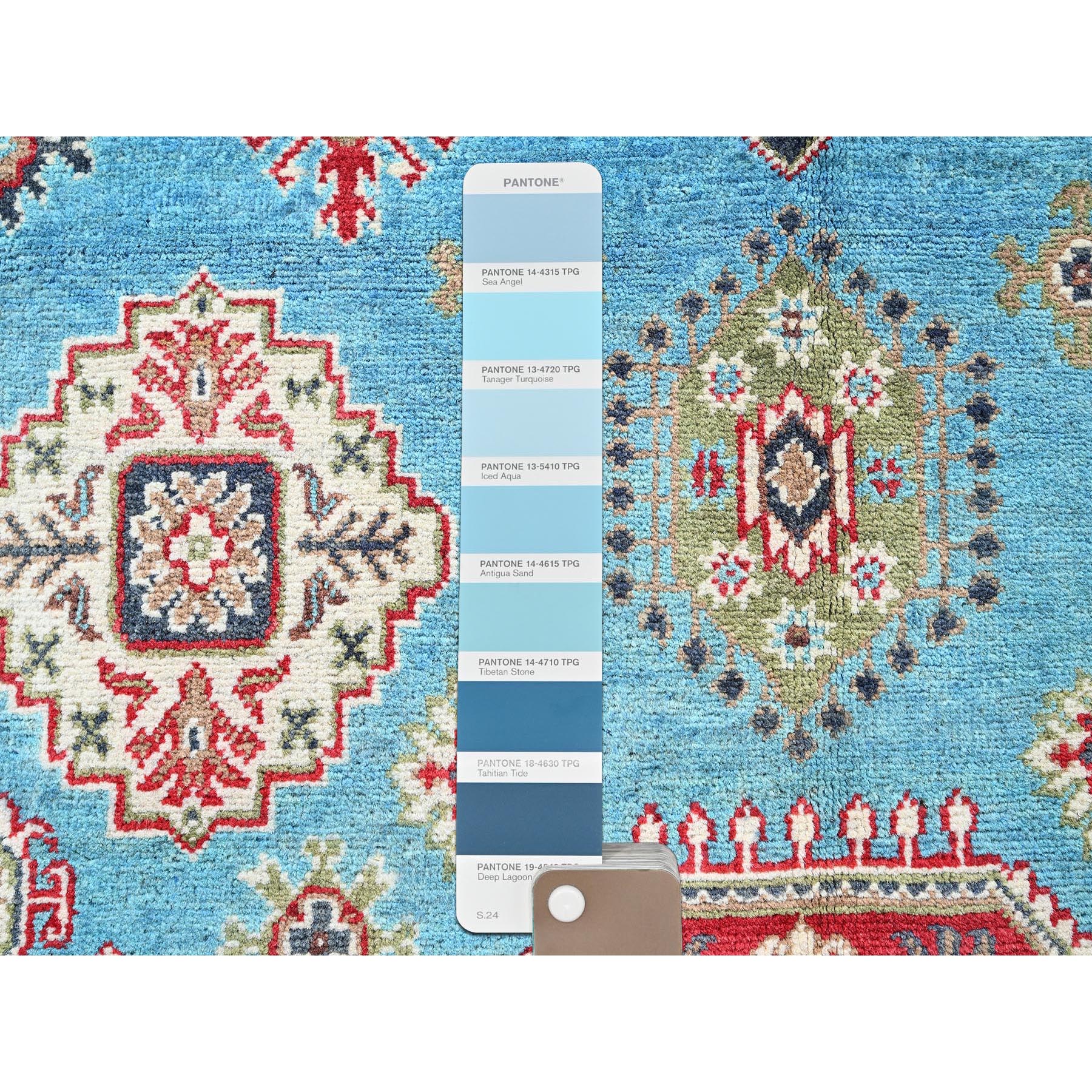 4'x6' Baby Blue, Kazak with Geometric Medallions Design, Hand Knotted, Soft and Shiny Wool, Natural Dyes, Denser Weave, Oriental Rug HR418 - Image 4