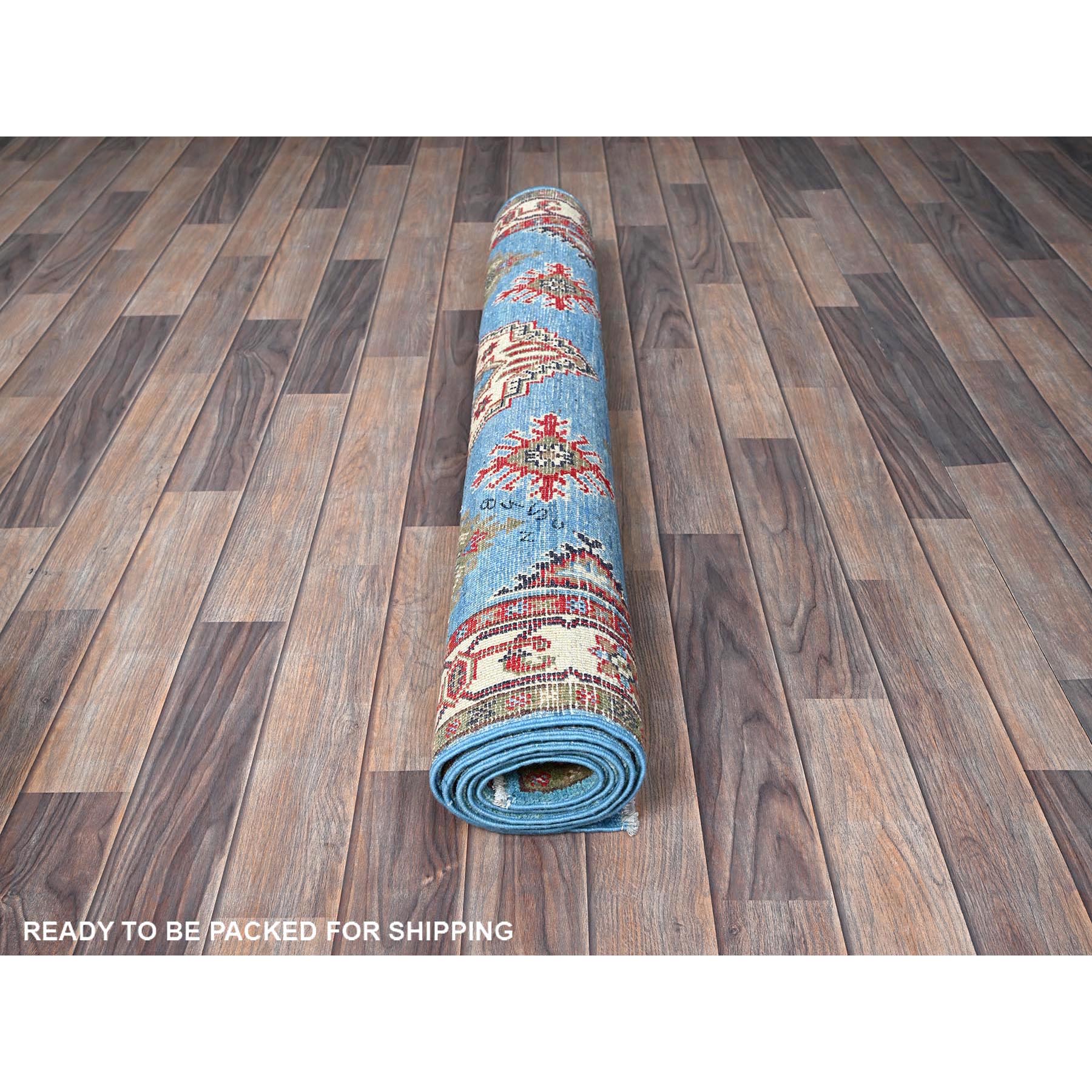 4'x6' Baby Blue, Kazak with Geometric Medallions Design, Hand Knotted, Soft and Shiny Wool, Natural Dyes, Denser Weave, Oriental Rug HR418 - Image 5