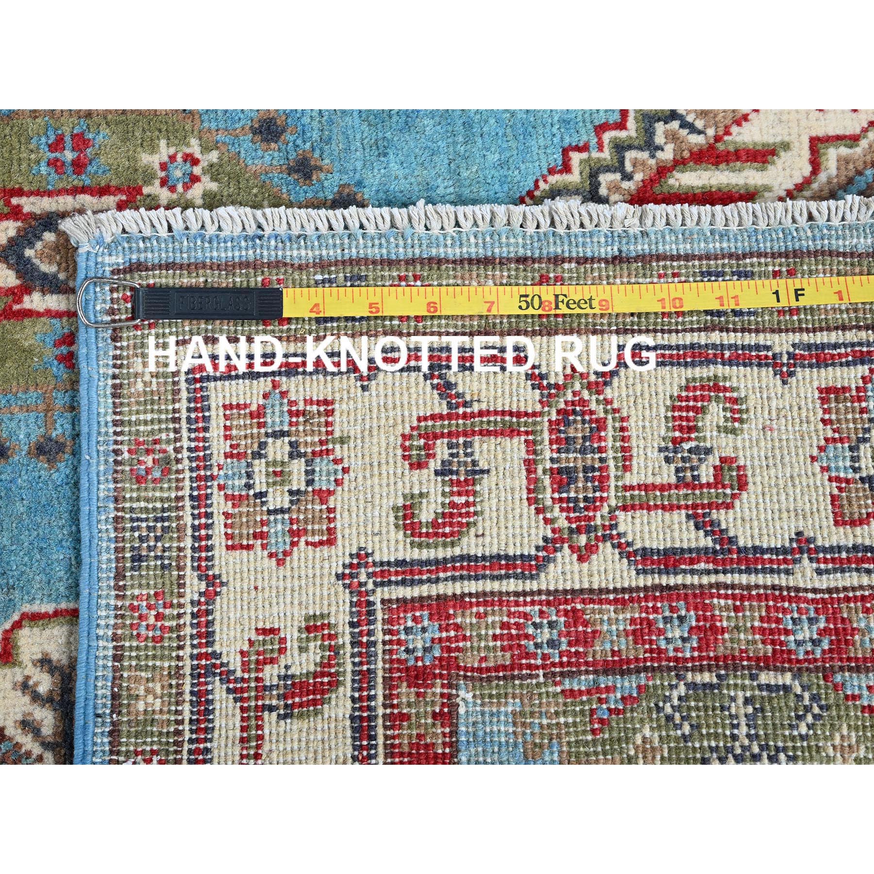 4'x6' Baby Blue, Kazak with Geometric Medallions Design, Hand Knotted, Soft and Shiny Wool, Natural Dyes, Denser Weave, Oriental Rug HR418 - Image 7