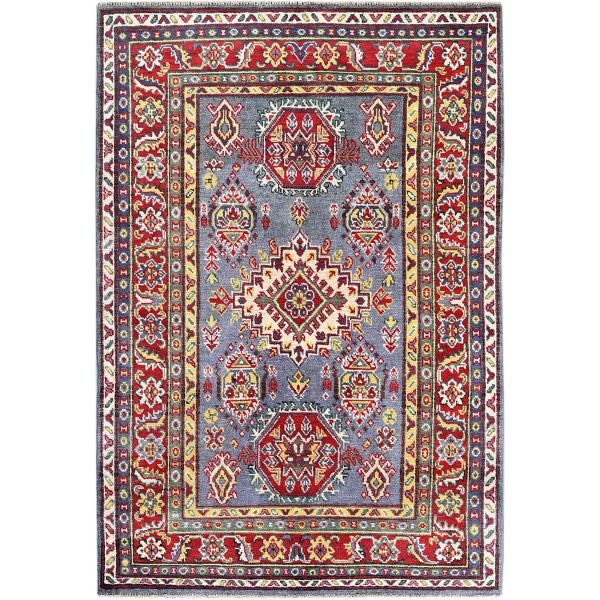 4'1"x5'10" Pewter Gray, Kazak with Geometric Medallions Design, Soft and Shiny Wool, Hand Knotted, Vegetable Dyes, Denser Weave, Oriental Rug HR419