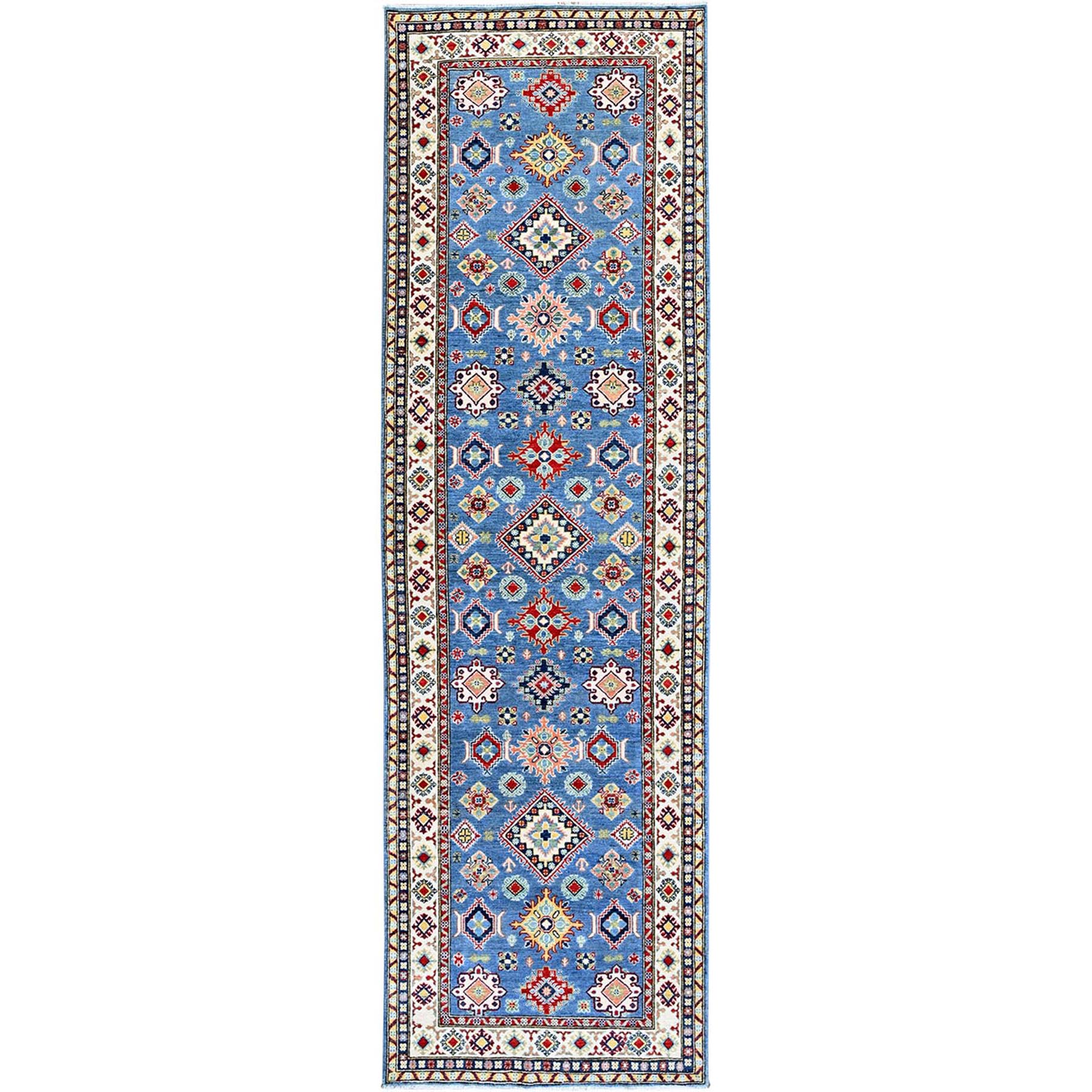 4'x13' Bayern Blue, Kazak with Geometric Medallions Design, Hand Knotted, Denser Weave, Soft and Shiny Wool, Vegetable Dyes, Wide Runner, Oriental Rug HR420