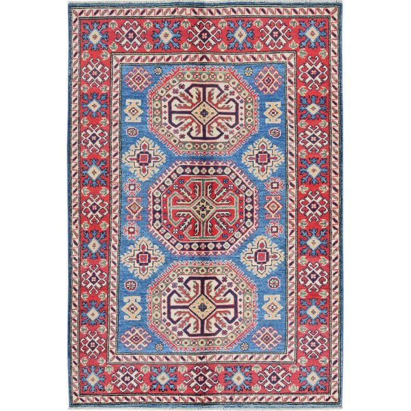 4'1"x6' Carolina Blue, Kazak with Geometric Medallions Design, Hand Knotted, Soft and Vibrant Wool, Vegetable Dyes, Denser Weave, Oriental Rug HR423