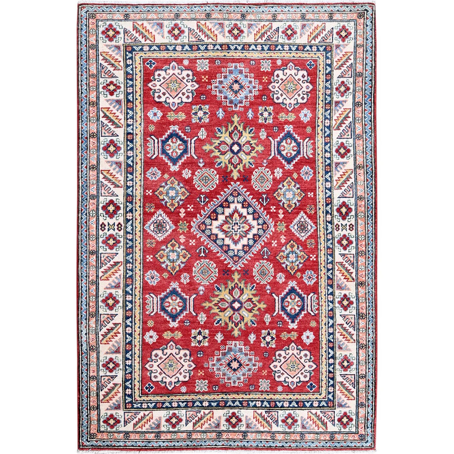 4'x6' Imperial Red, Kazak with Geometric Medallions Design, Soft and Shiny Wool, Hand Knotted, Vegetable Dyes, Denser Weave, Oriental Rug HR426
