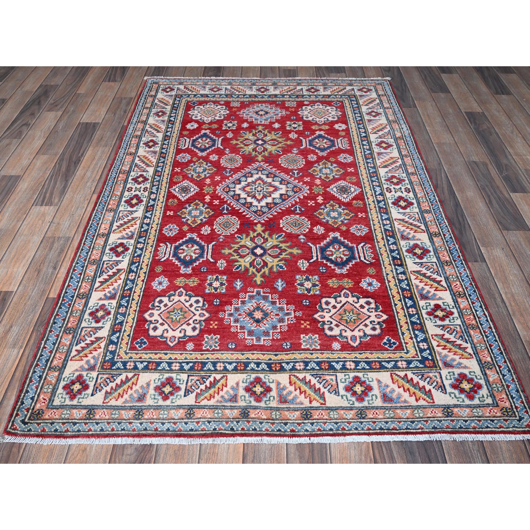 4'x6' Imperial Red, Kazak with Geometric Medallions Design, Soft and Shiny Wool, Hand Knotted, Vegetable Dyes, Denser Weave, Oriental Rug HR426 - Image 2