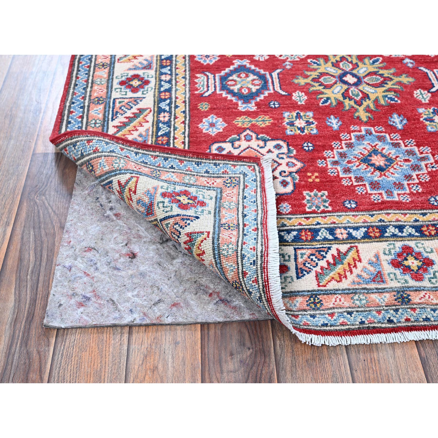 4'x6' Imperial Red, Kazak with Geometric Medallions Design, Soft and Shiny Wool, Hand Knotted, Vegetable Dyes, Denser Weave, Oriental Rug HR426 - Image 3