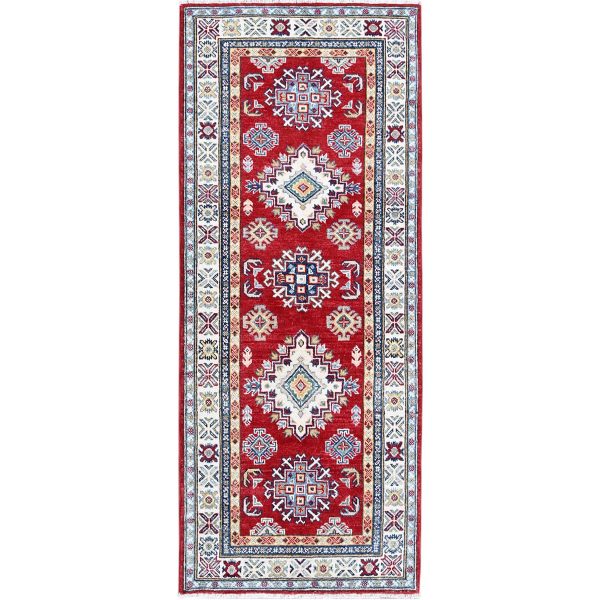 2'7"x6'5" Chili Red, Kazak with Geometric Medallions Design, Soft and Shiny Wool, Hand Knotted, Vegetable Dyes, Denser Weave, Runner, Oriental Rug HR428