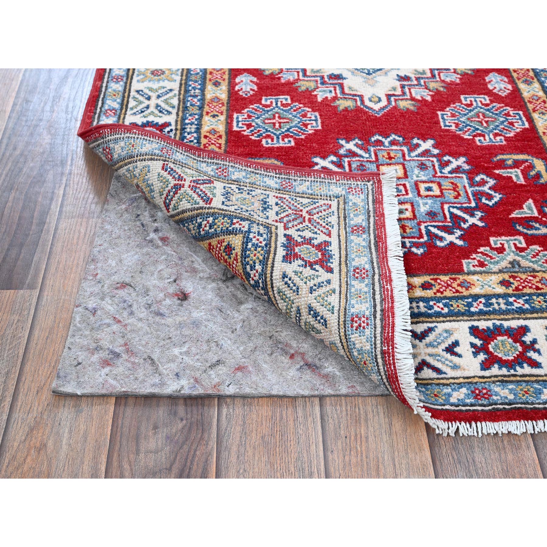 2'7"x6'5" Chili Red, Kazak with Geometric Medallions Design, Soft and Shiny Wool, Hand Knotted, Vegetable Dyes, Denser Weave, Runner, Oriental Rug HR428 - Image 3