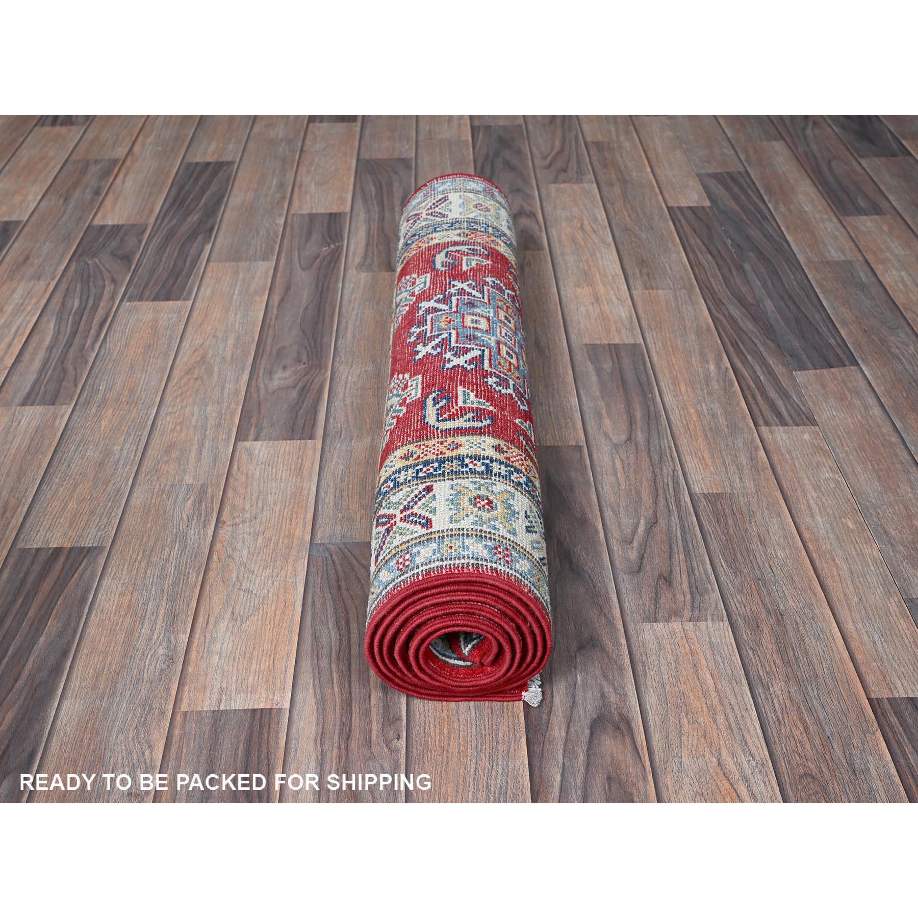 2'7"x6'5" Chili Red, Kazak with Geometric Medallions Design, Soft and Shiny Wool, Hand Knotted, Vegetable Dyes, Denser Weave, Runner, Oriental Rug HR428 - Image 5